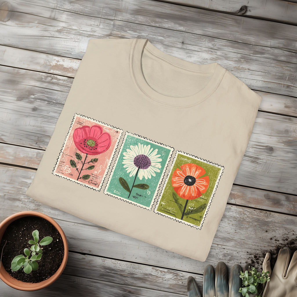 Charming Floral Stamp Trio T-Shirt for Gardeners