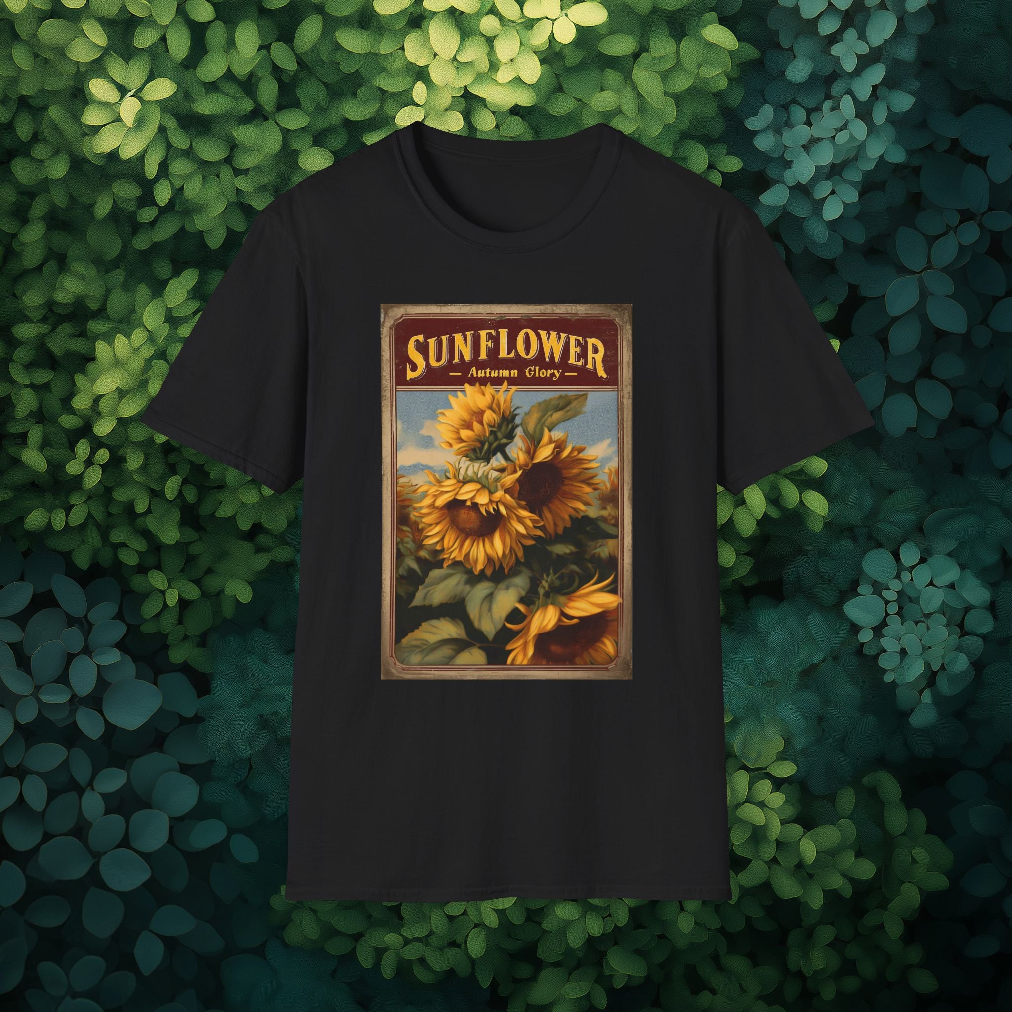 Vintage Sunflower Autumn Glory Seed Packet Unisex Softstyle T-Shirt for Gardeners, Nature Lovers