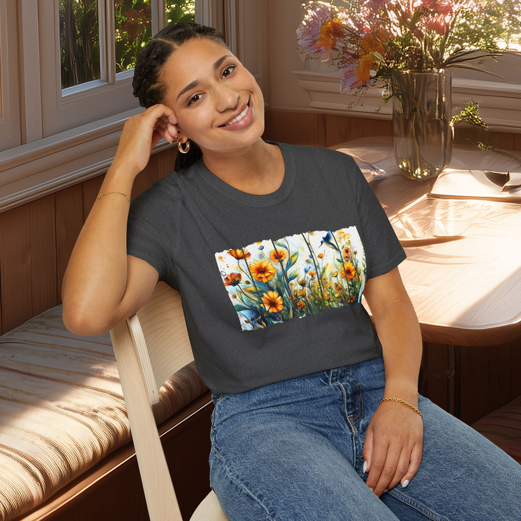 Hummingbird in Wildflowers Unisex T-Shirt for Gardeners, Nature Lovers, Bee Enthusiasts