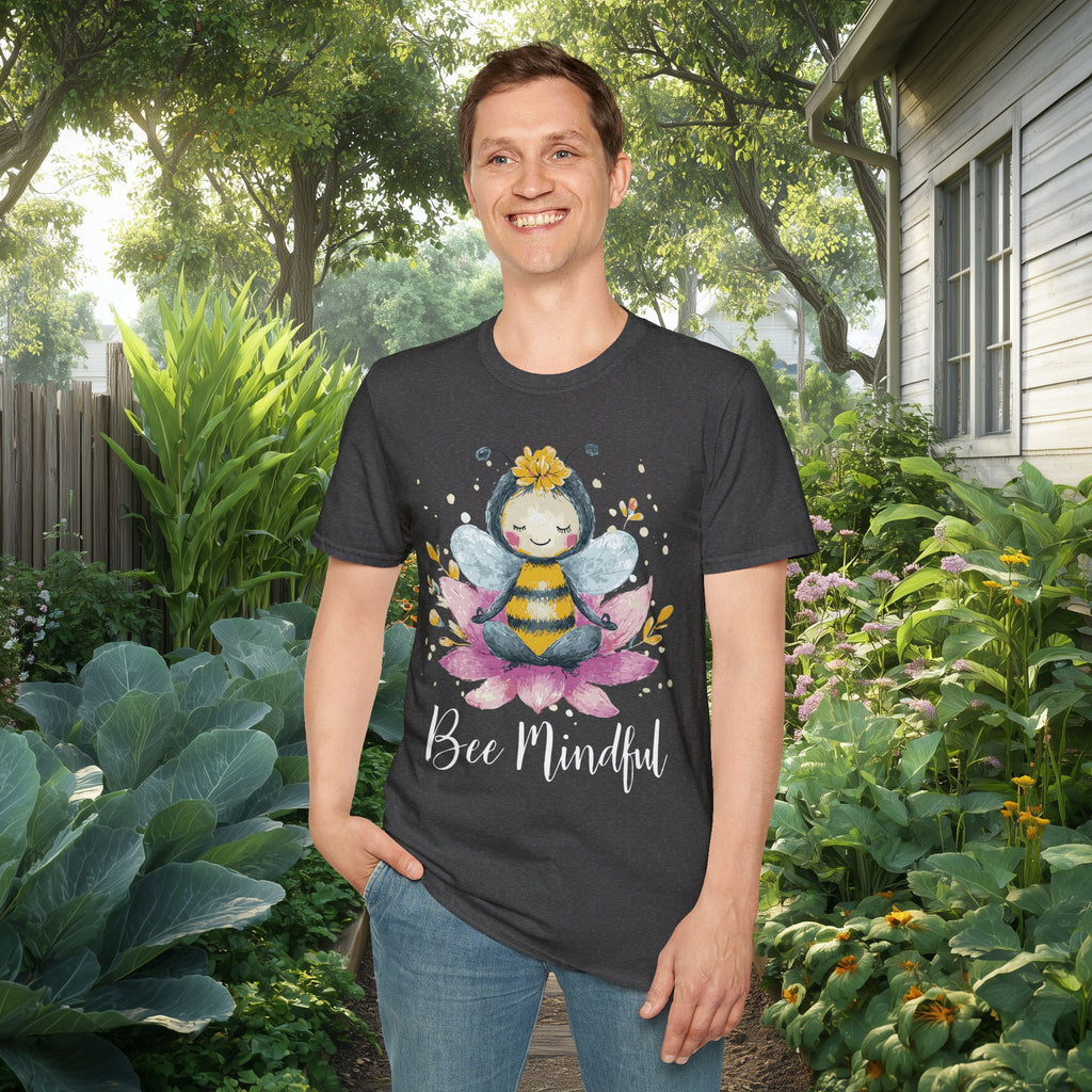 Bee Mindful Meditation Unisex T-Shirt for Gardeners, Nature Lovers, Yoga Enthusiasts