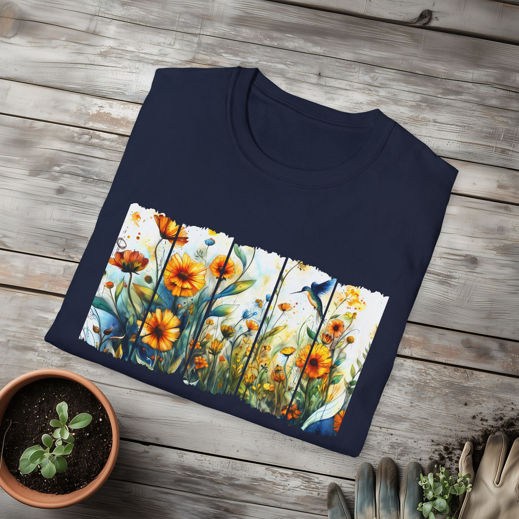 Hummingbird in Wildflowers Unisex T-Shirt for Gardeners, Nature Lovers, Bee Enthusiasts