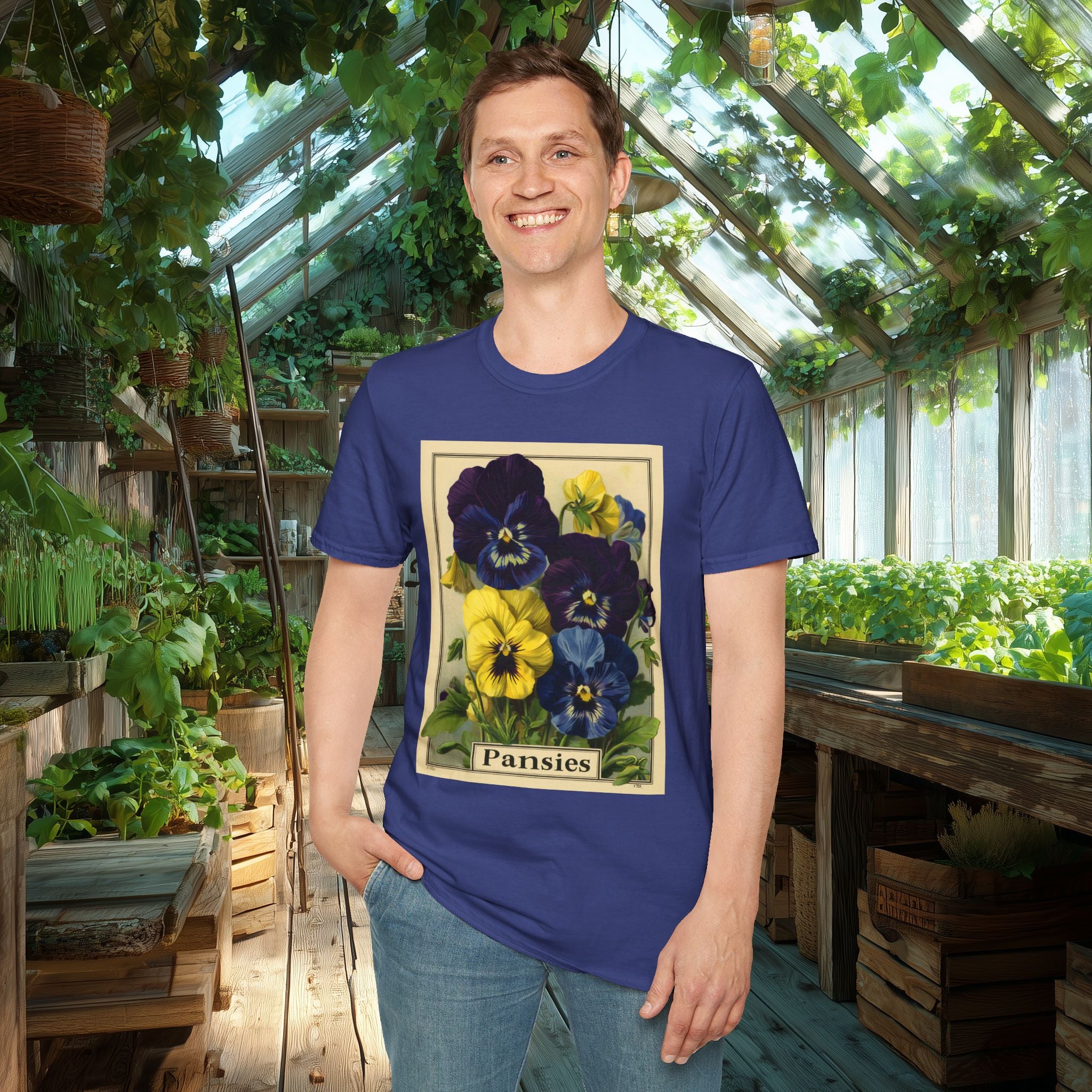 Vintage Pansies Seed Packet Unisex T-Shirt for Gardeners, Nature Lovers, Summer Casual Wear