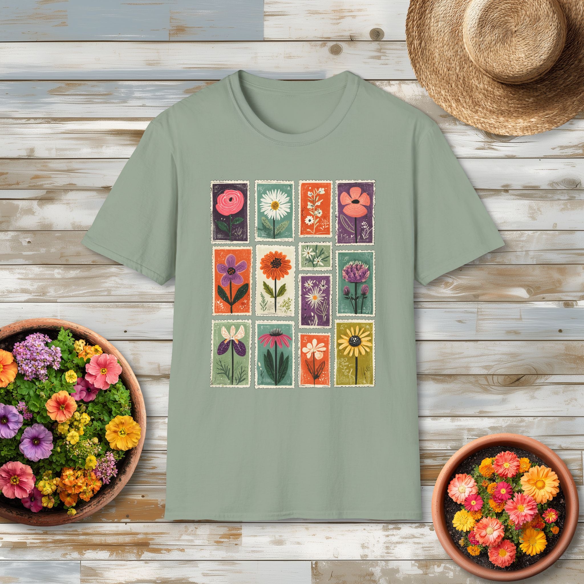 Charming Flower Stamp Collage T-Shirt for Gardeners