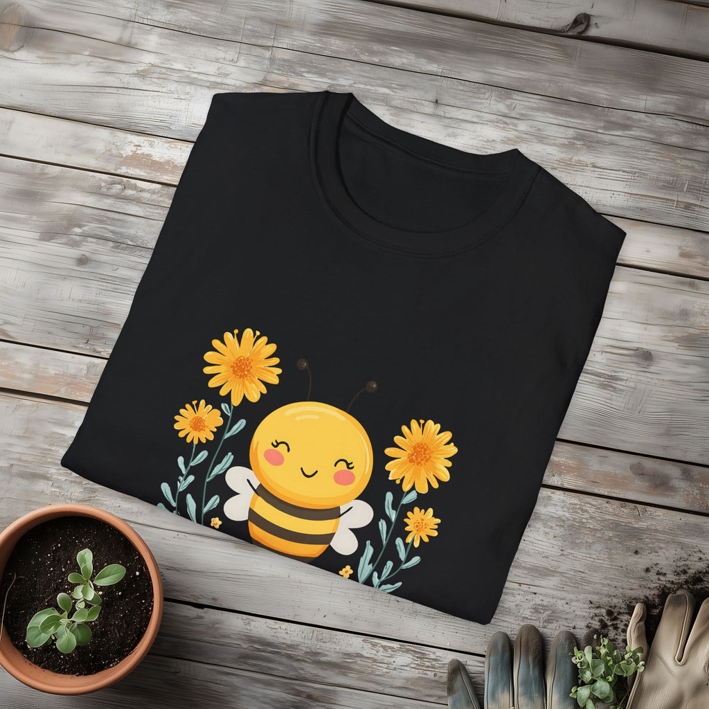 Cartoon Bee Happy Unisex T-Shirt for Gardeners, Nature Lovers, Bee Enthusiasts