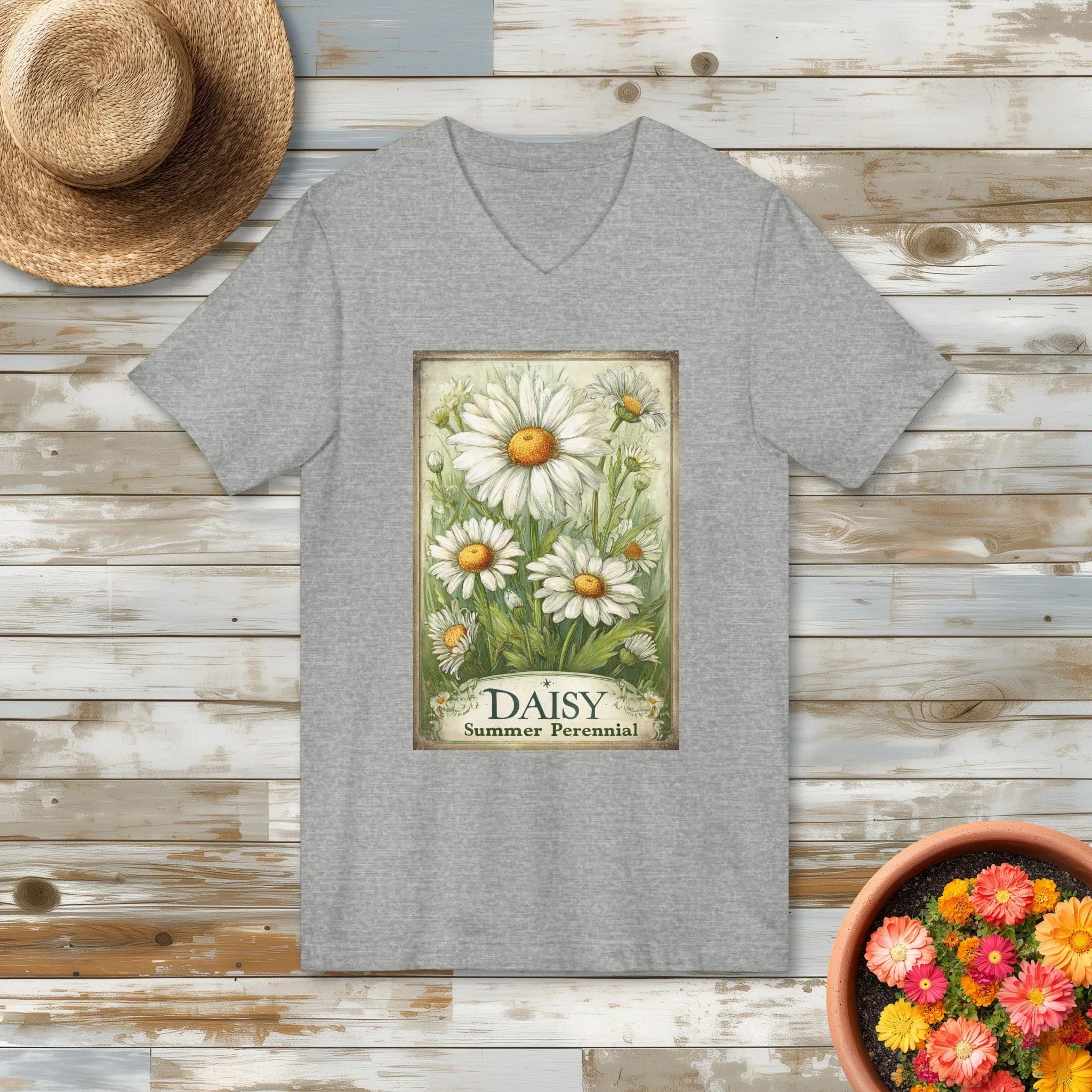 Daisy Vintage Seed Packet V-Neck T-Shirt