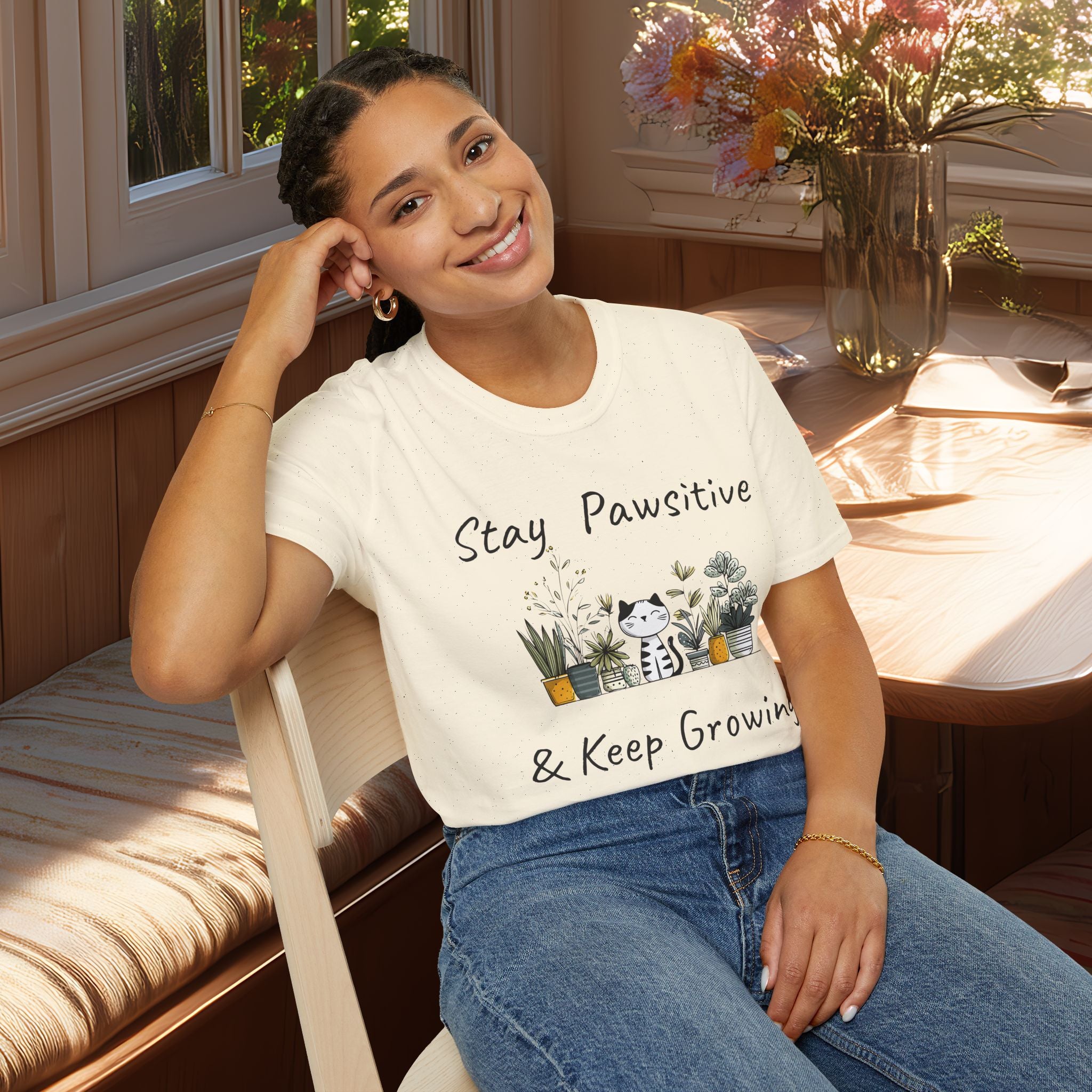 Stay Pawsitive & Keep Growing Cat and Plants T-Shirt