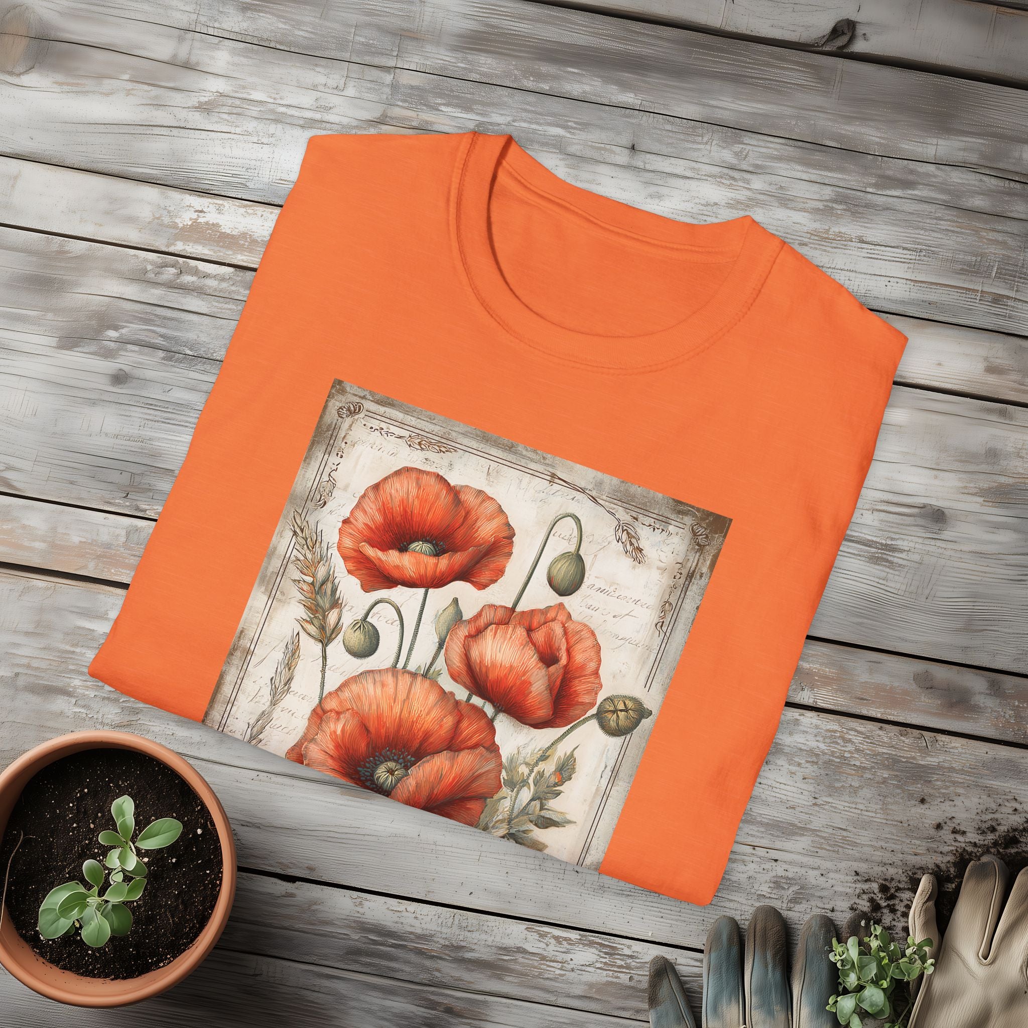 Vintage Scarlet Blooms Poppies Seed Packet Unisex T-Shirt for Gardeners, Nature Lovers, Summer Casual Wear