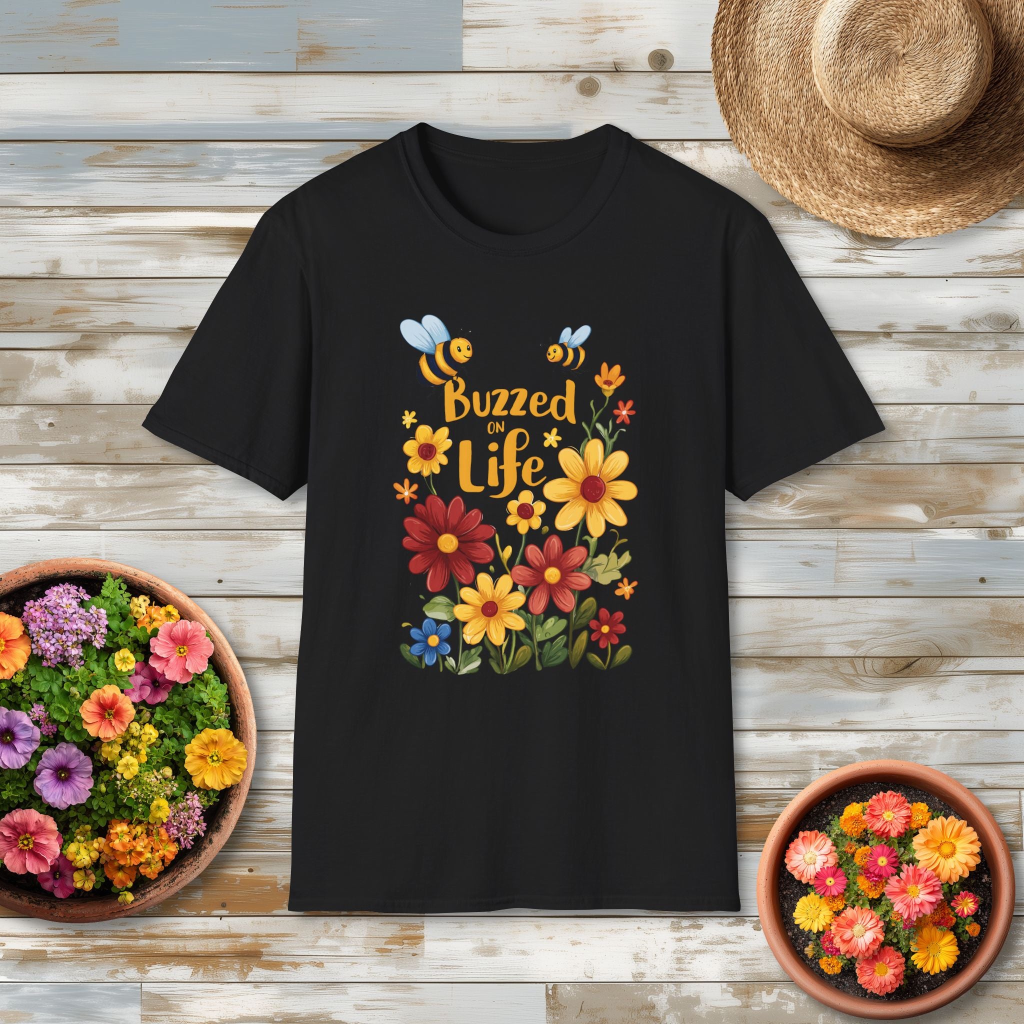 Cartoon Buzzed on Life Unisex T-Shirt for Gardeners, Nature Lovers