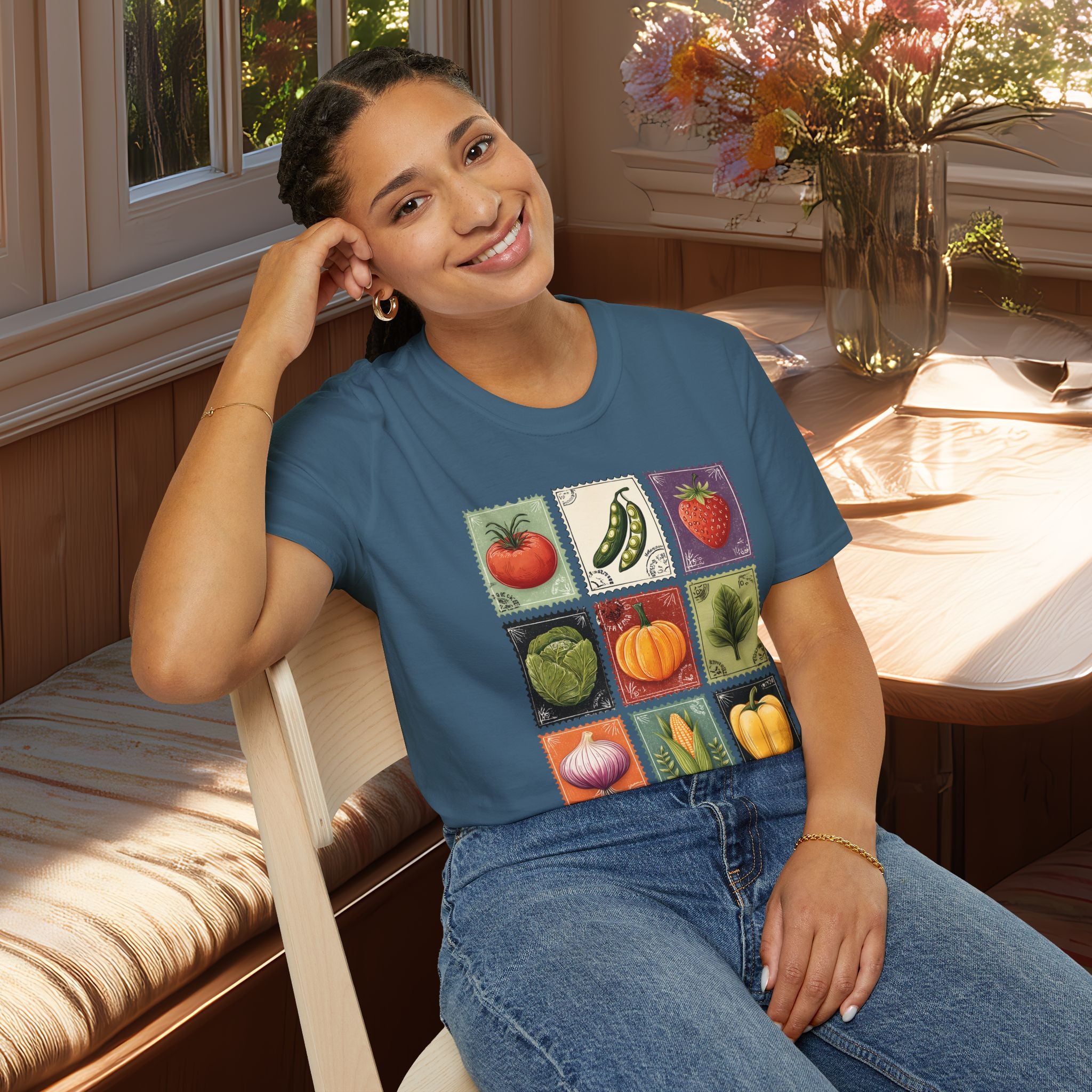 Garden Vegetable Postage Stamp Collage T-Shirt for Gardeners