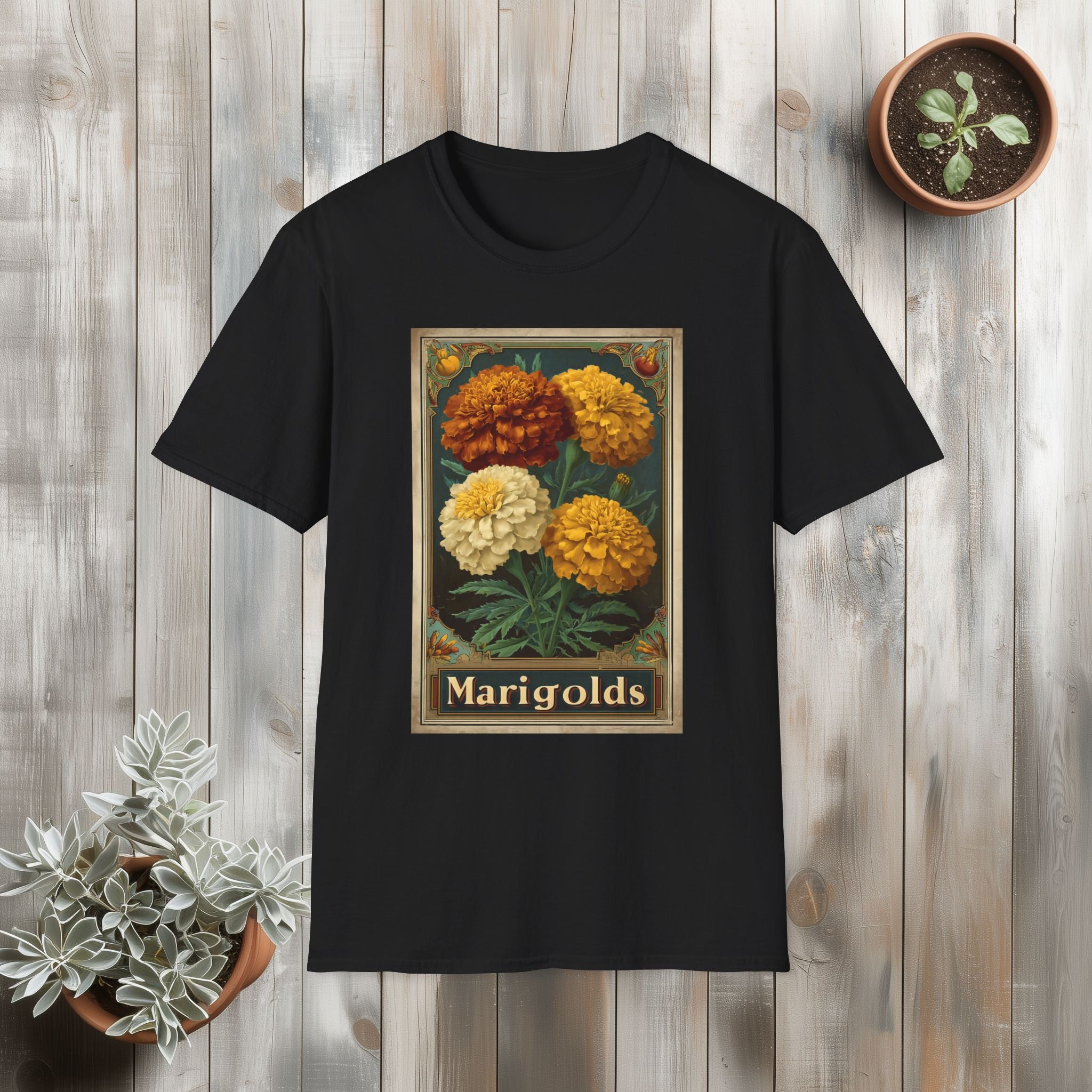 Vintage Marigolds Seed Packet Unisex T-Shirt for Gardeners, Nature Lovers