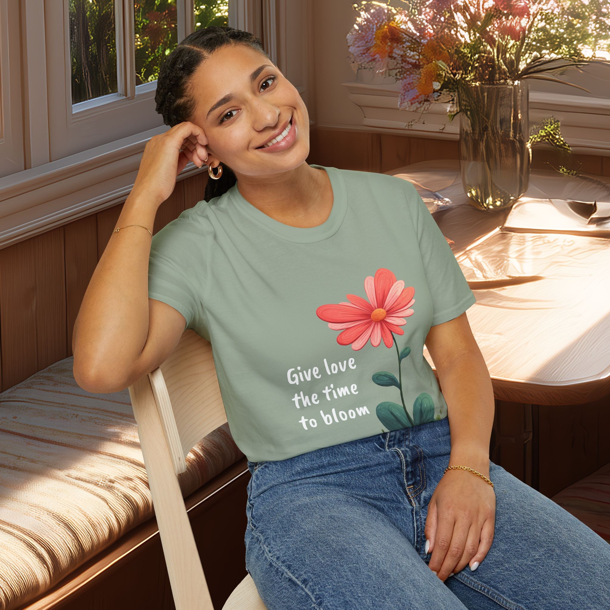 Give Love the Time to Bloom - Retro Cartoon Heart Flower T-Shirt
