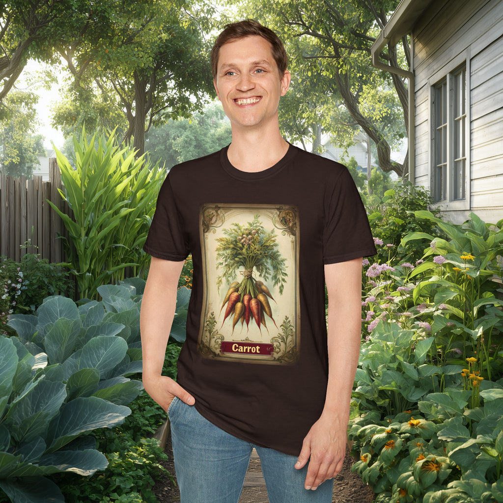 Retro Carrot Vegetable Seed Packet Unisex T-Shirt for Gardeners, Nature Lovers, Summer Casual Wear