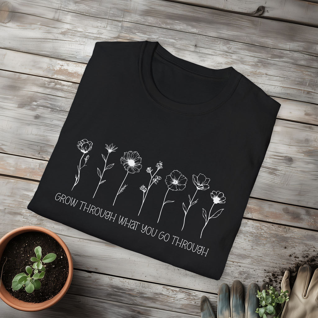 Wildflower Line Art Grow Through What You Go Through Motivational T-Shirt
