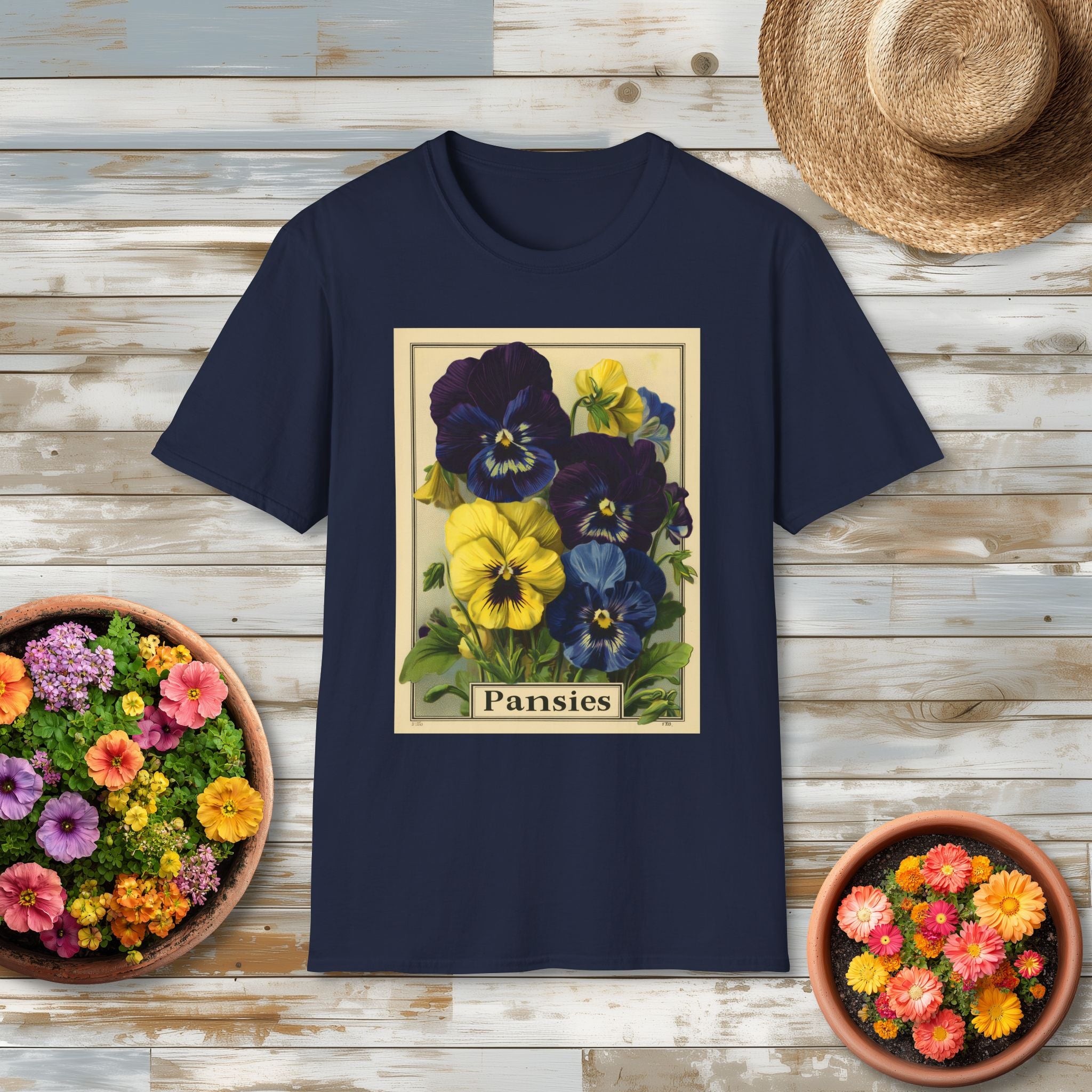 Vintage Pansies Seed Packet Unisex T-Shirt for Gardeners, Nature Lovers, Summer Casual Wear