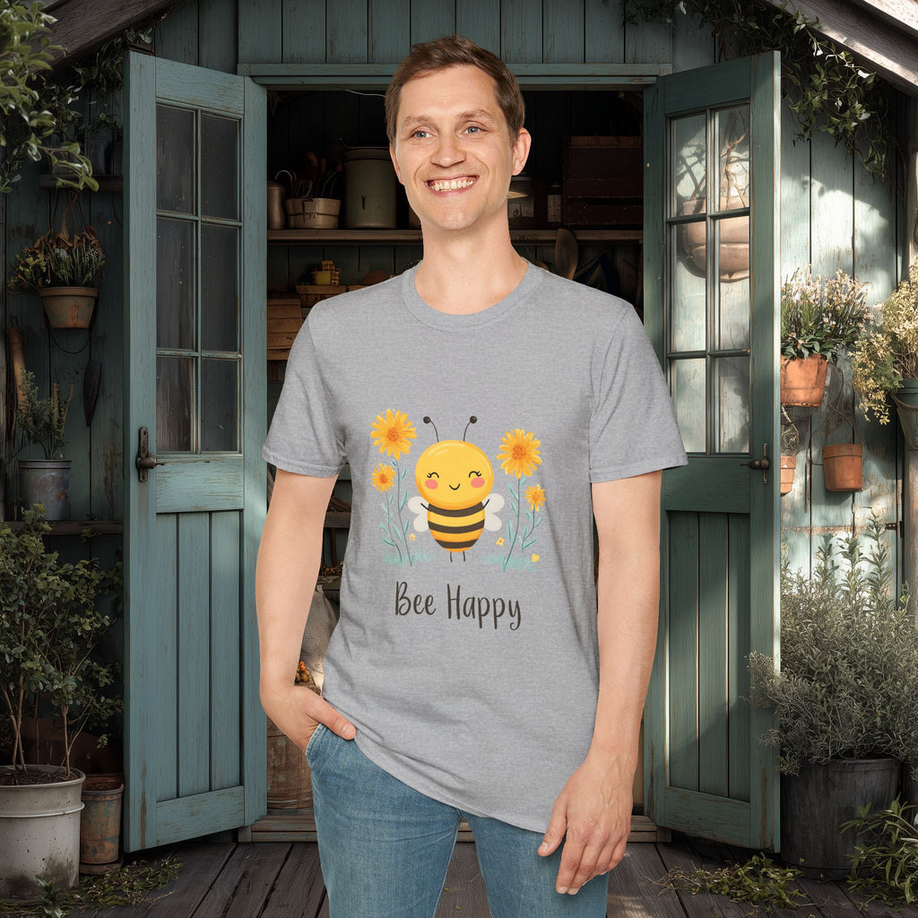 Cartoon Bee Happy Unisex T-Shirt for Gardeners, Nature Lovers, Bee Enthusiasts