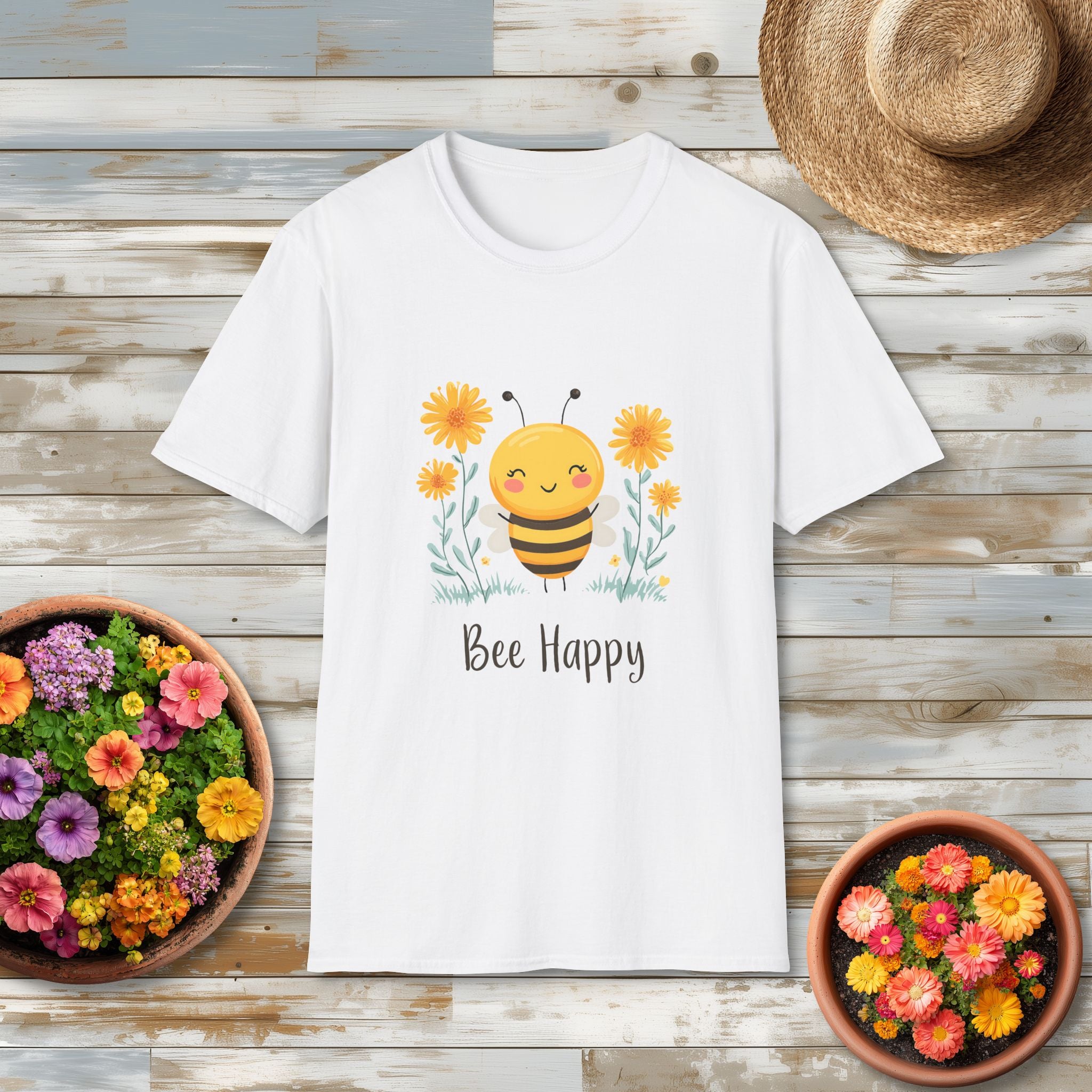 Cartoon Bee Happy T-Shirt for Gardeners, Nature Lovers, Bee Enthusiasts