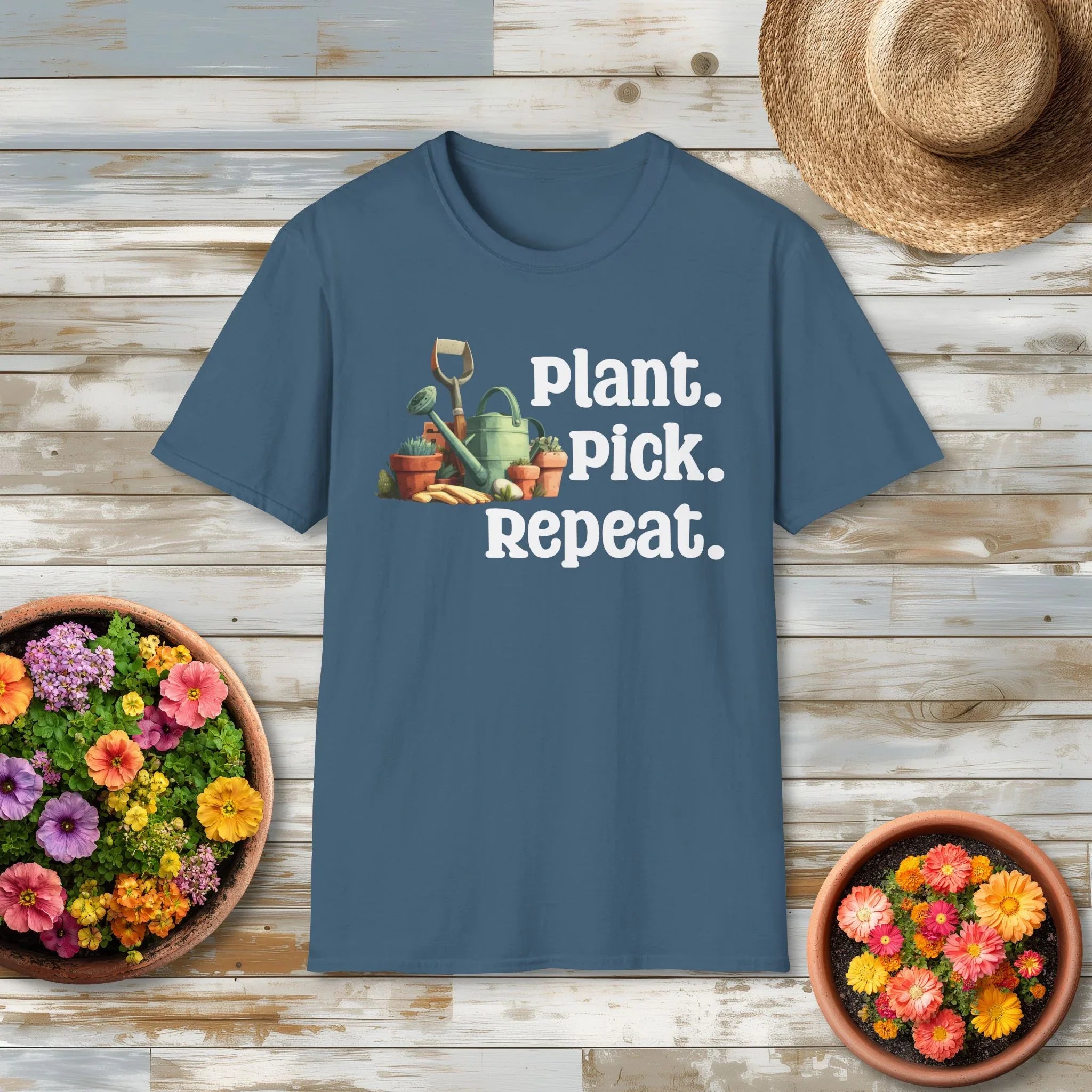 Plant Pick Repeat, Cartoon Gardener T-Shirt