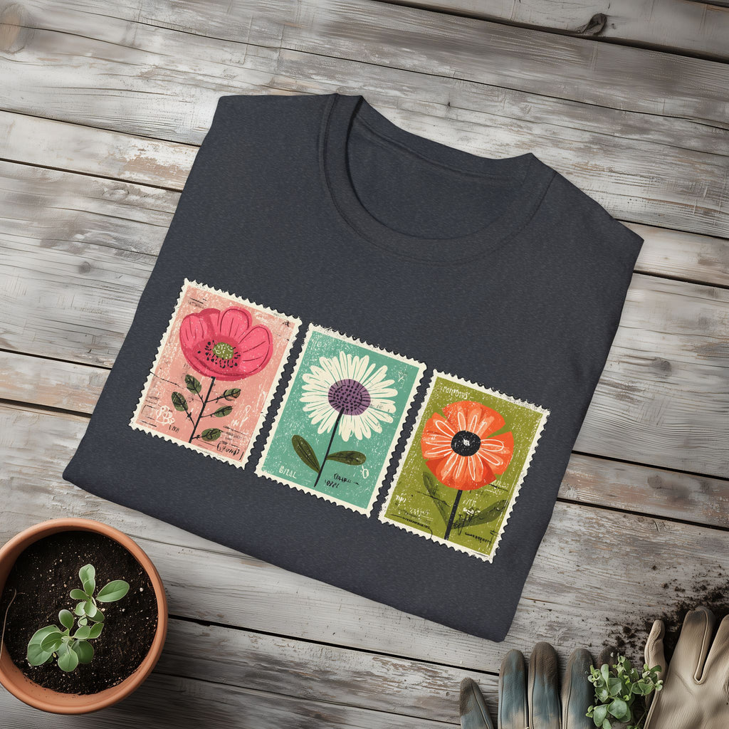 Charming Floral Stamp Trio T-Shirt for Gardeners