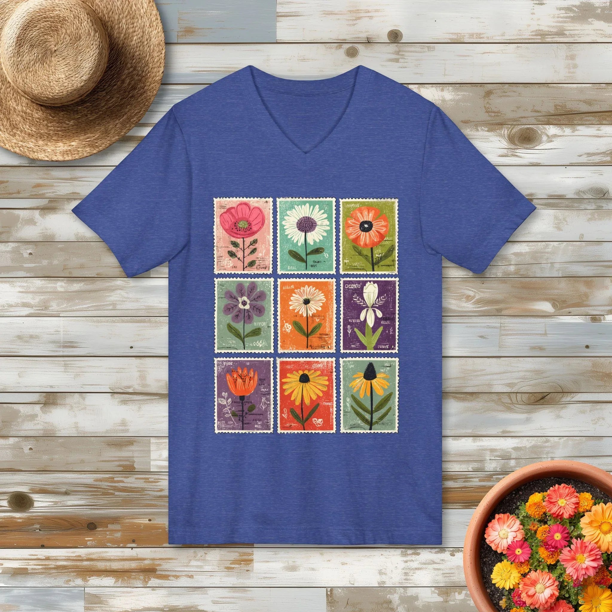Minimalist Floral Stamp Collage V-Neck T-Shirt