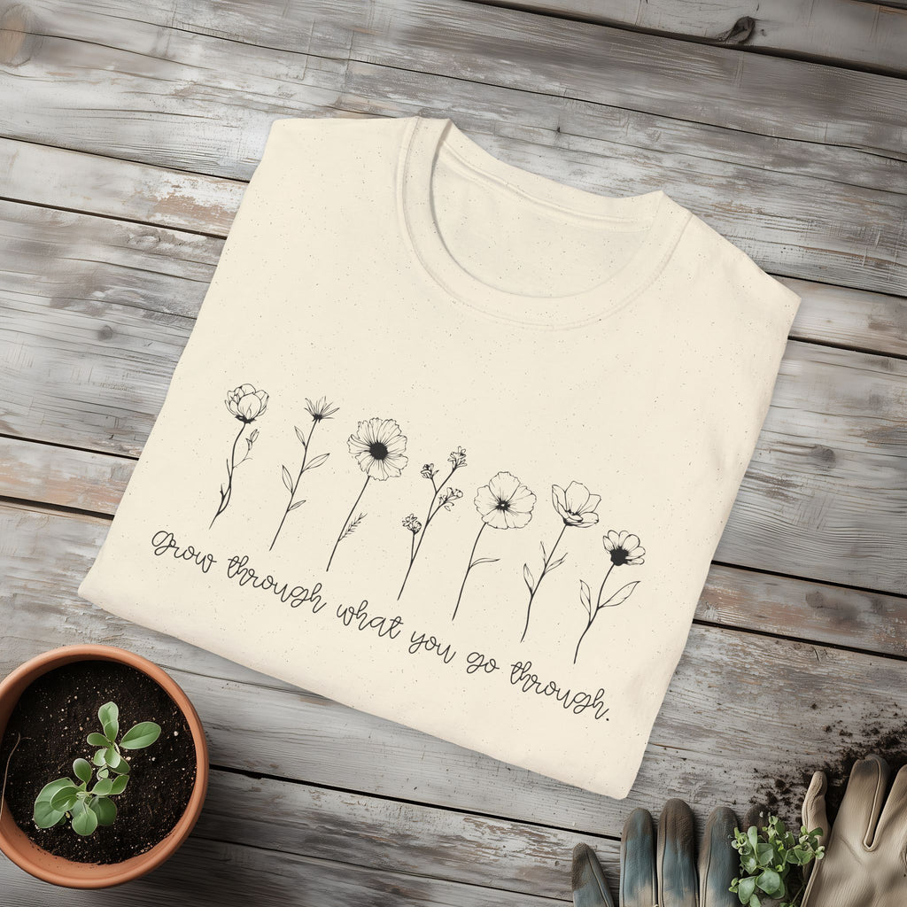 Grow Through What You Go Through Motivational Wildflower Line Art T-Shirt