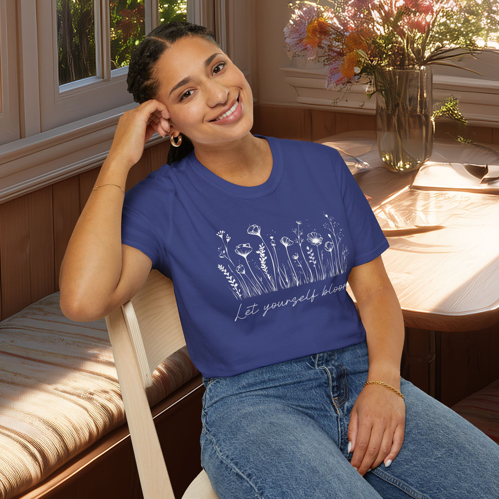 Let Yourself Bloom Motivational Wildflower Line Art T-Shirt