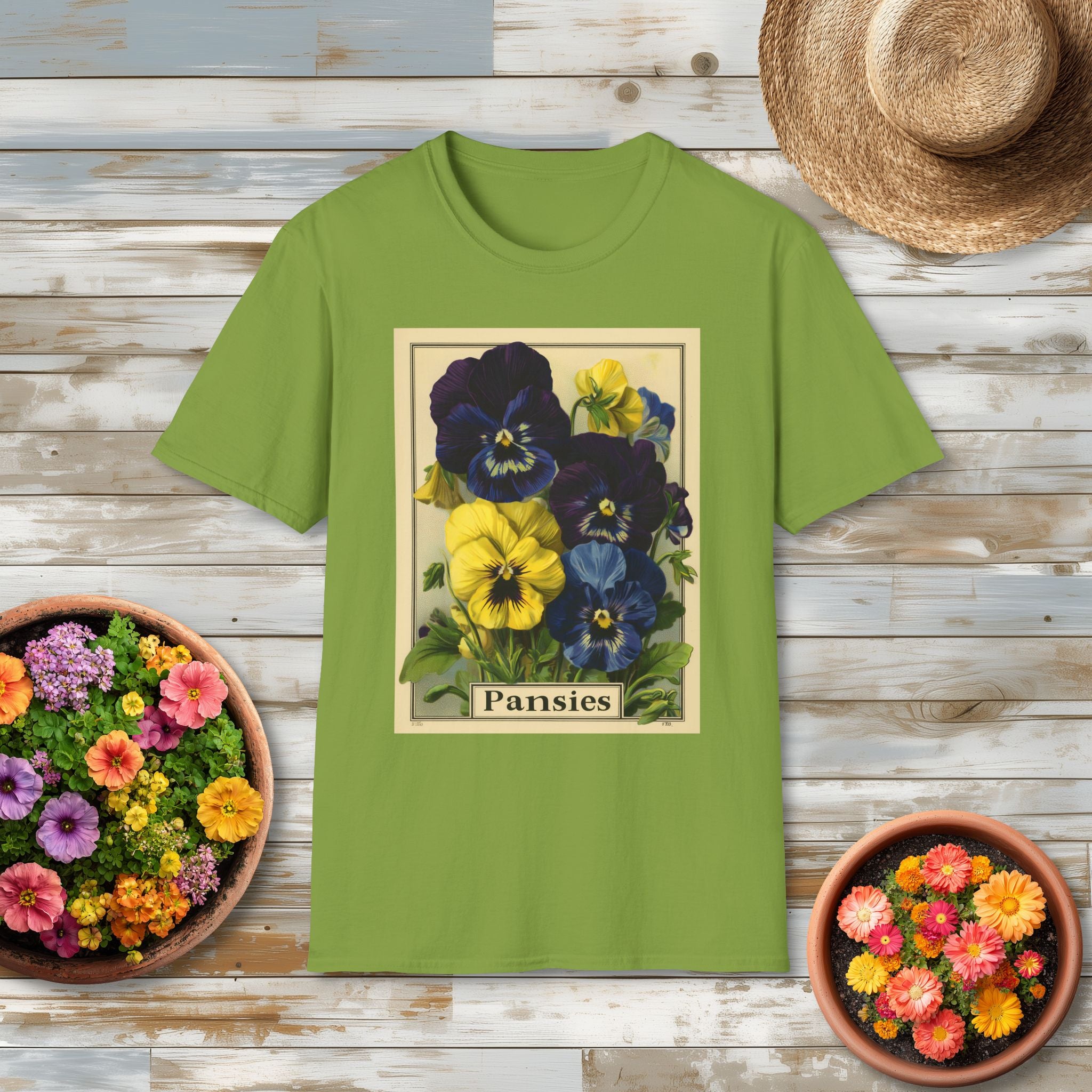 Vintage Pansies Seed Packet Unisex T-Shirt for Gardeners, Nature Lovers, Summer Casual Wear