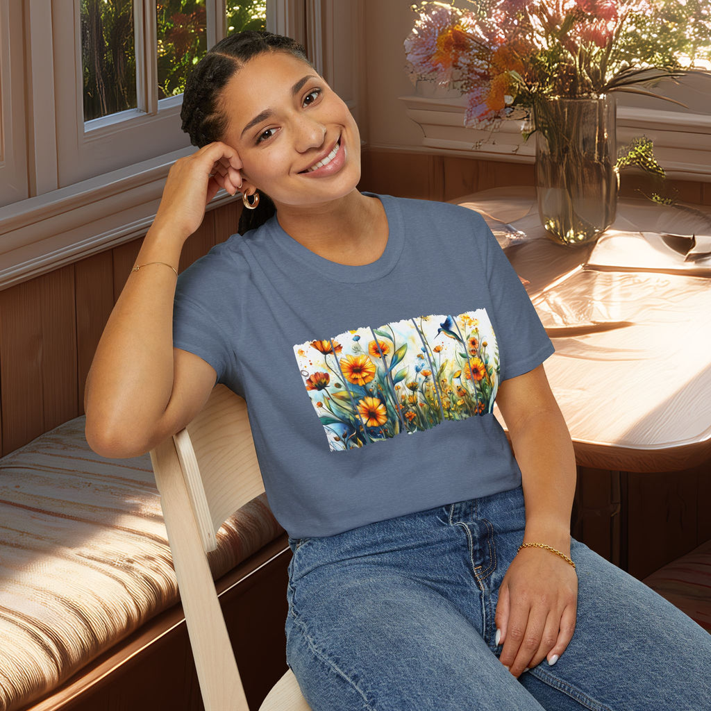 Hummingbird in Wildflowers Unisex T-Shirt for Gardeners, Nature Lovers, Bee Enthusiasts