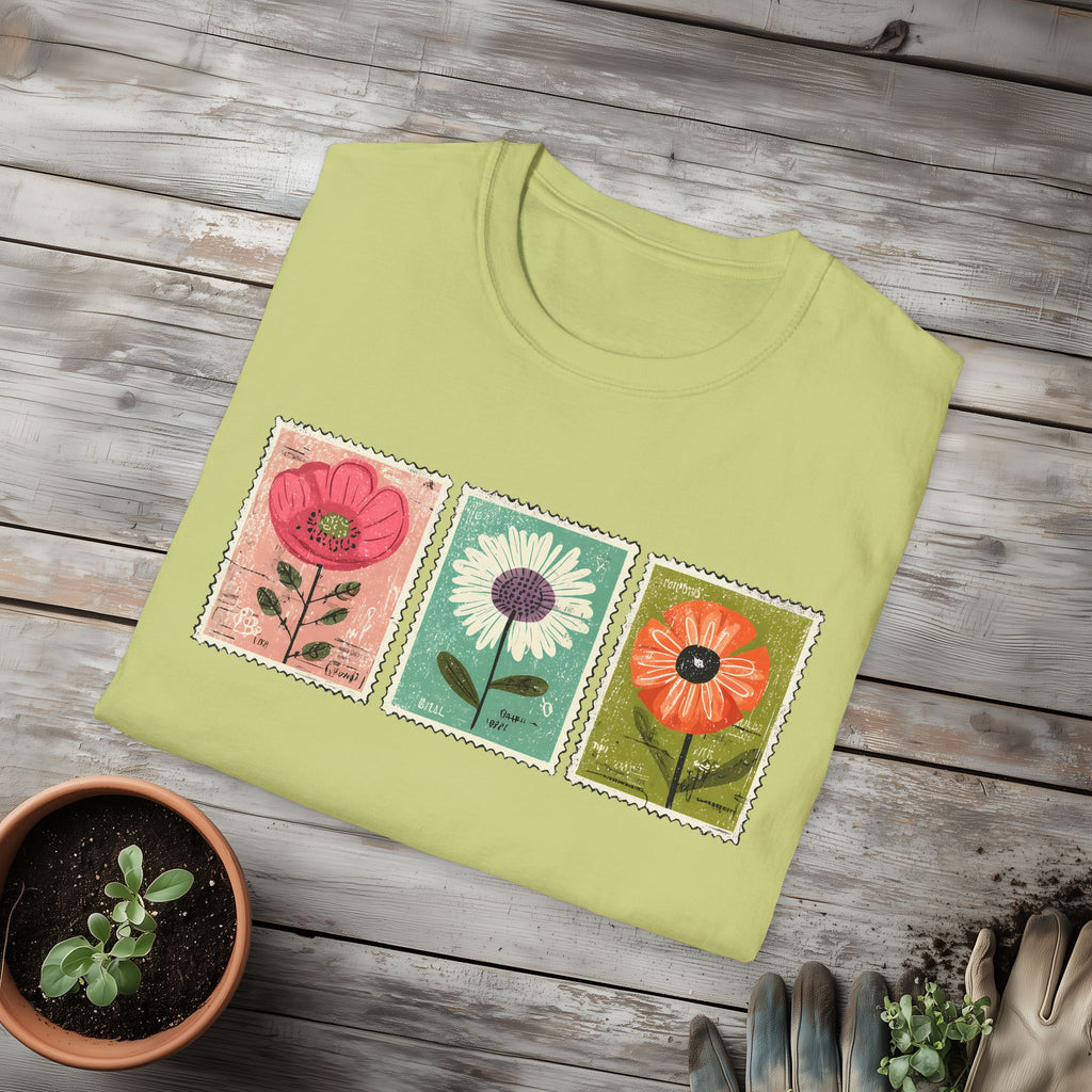 Charming Floral Stamp Trio T-Shirt for Gardeners