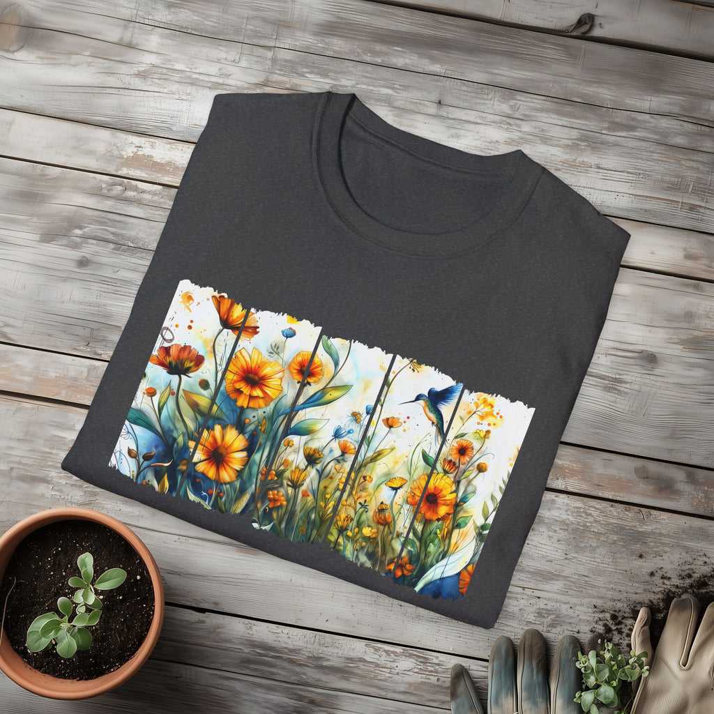 Hummingbird in Wildflowers Unisex T-Shirt for Gardeners, Nature Lovers, Bee Enthusiasts