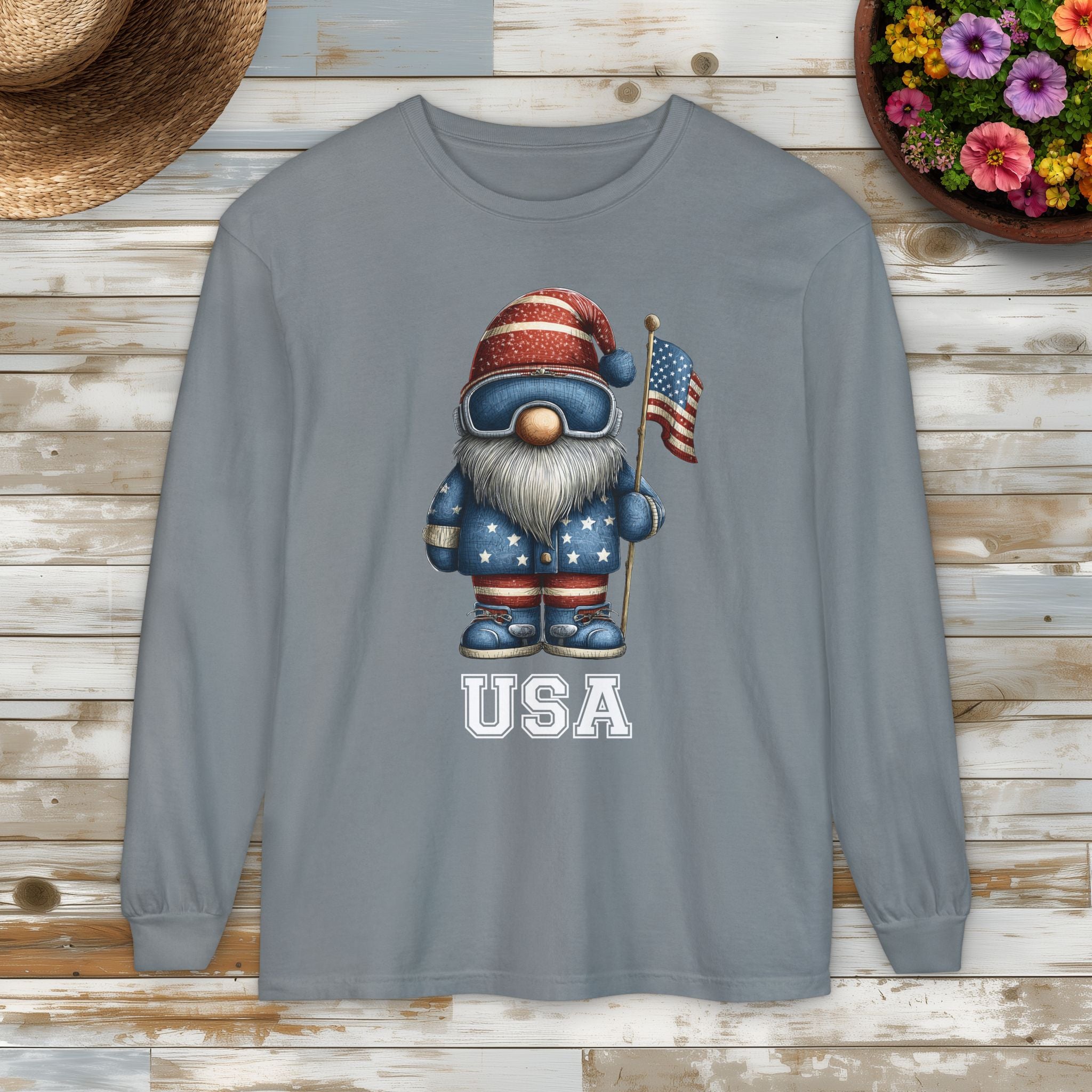 USA Winter Sports Garden Gnome Long Sleeve Tee