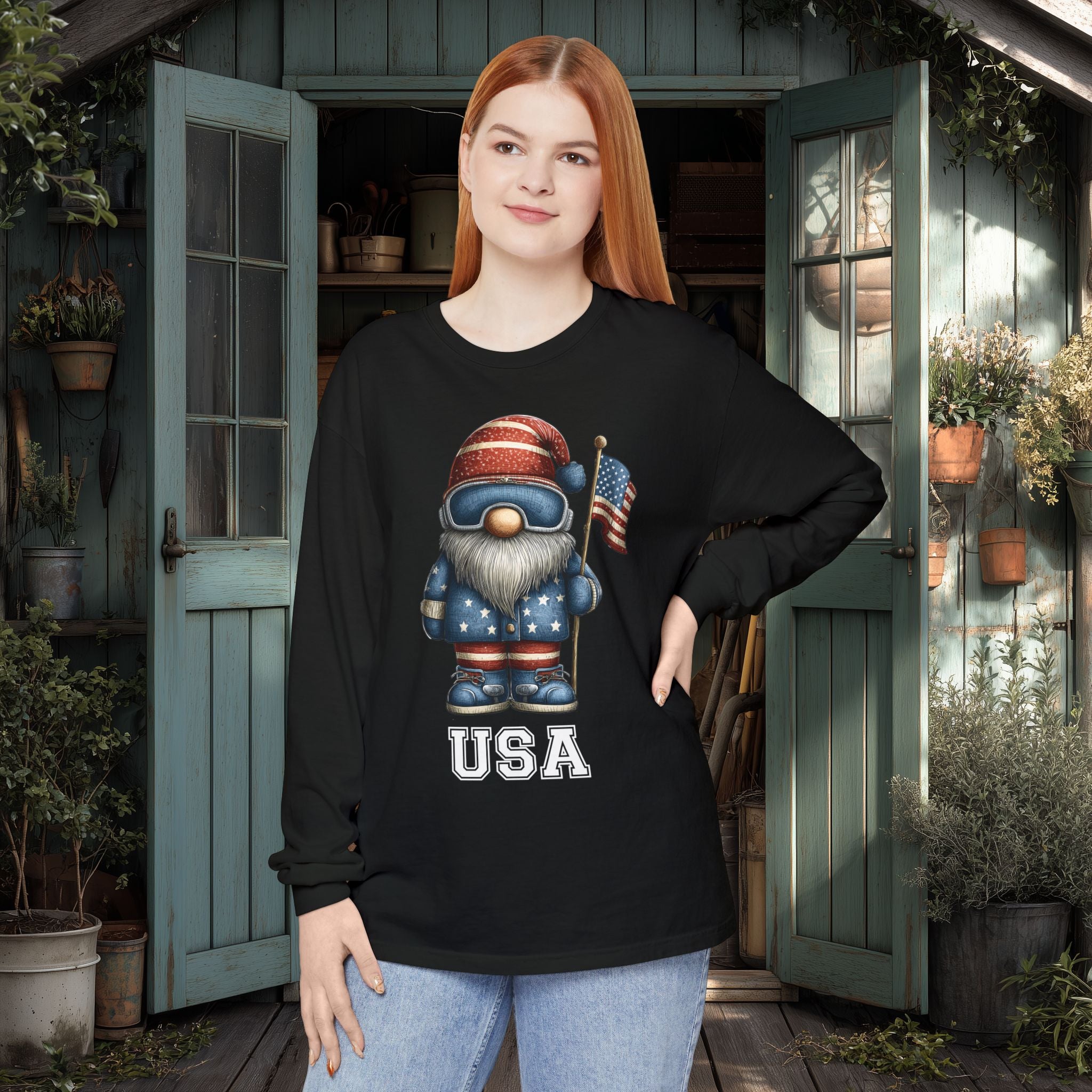 USA Gnome Shirt – Patriotic Winter Sports Long Sleeve Tee