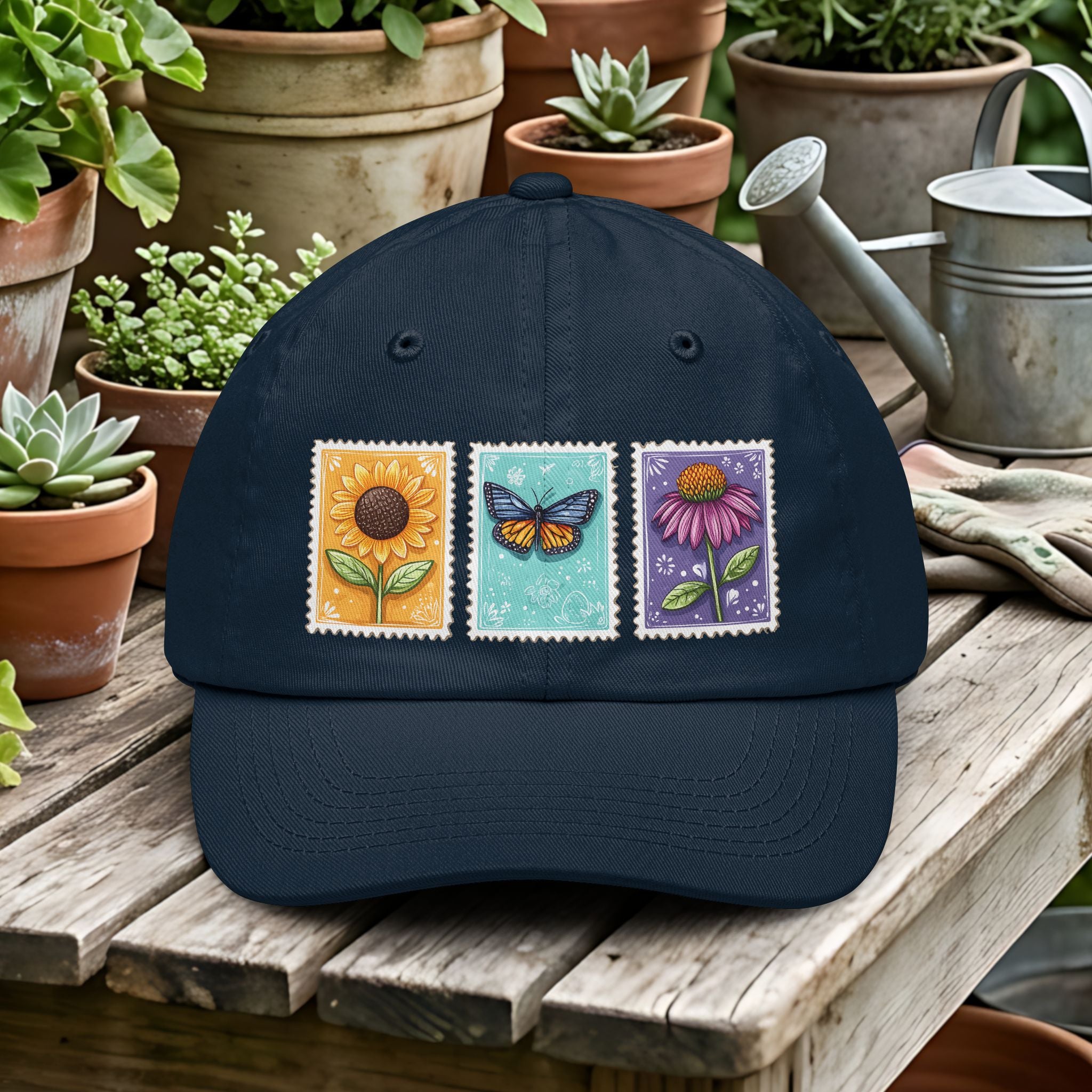 Floral Postage Trio: Sunflower Butterfly Coneflower Stamp Dad Hat