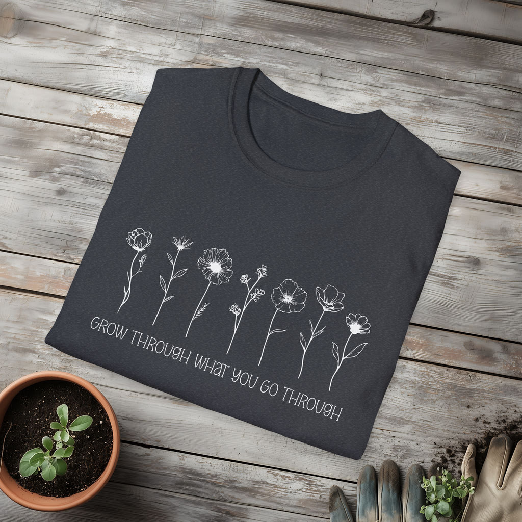 Wildflower Line Art Grow Through What You Go Through Motivational T-Shirt