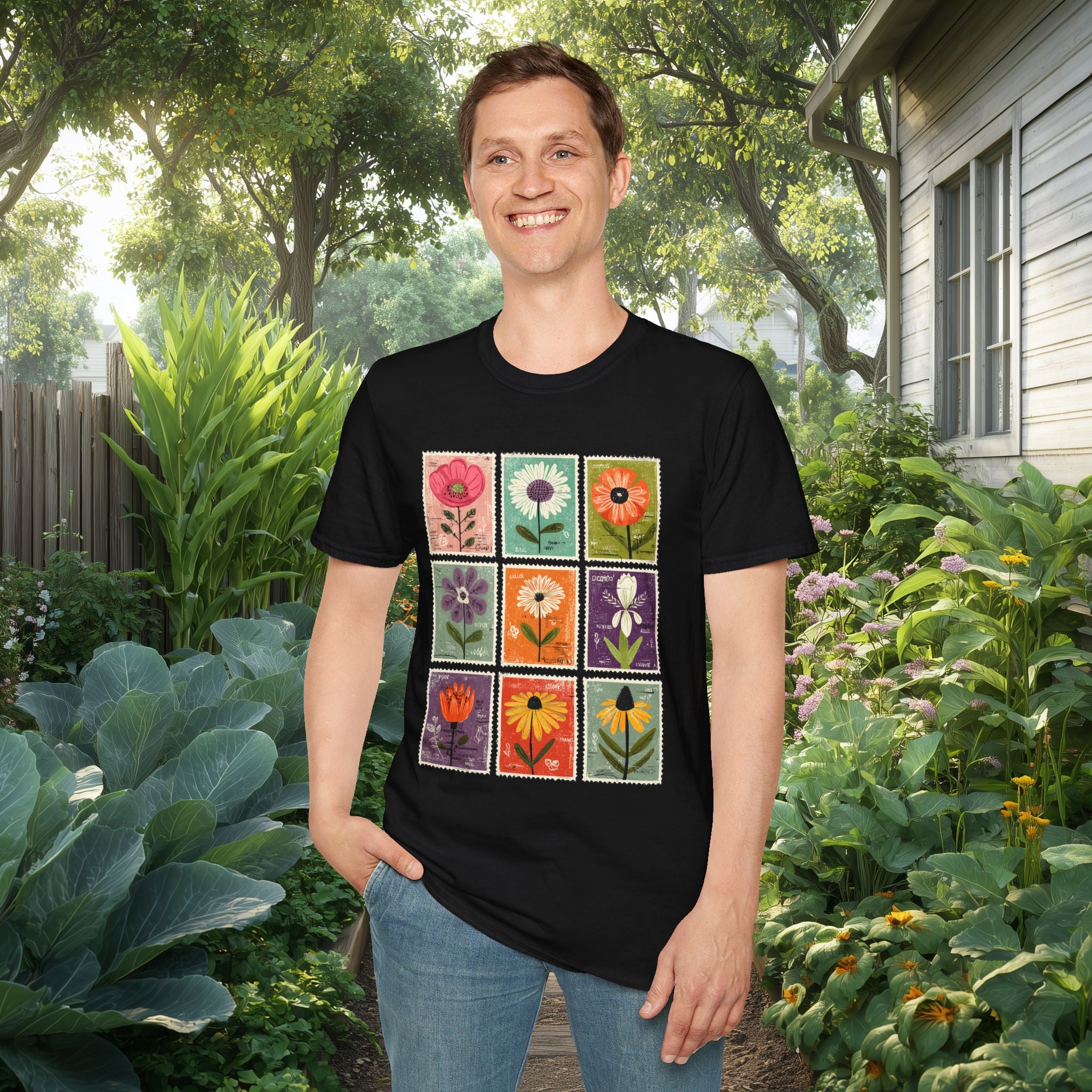 Whimsical Flower Stamp Collage T-Shirt for Gardeners