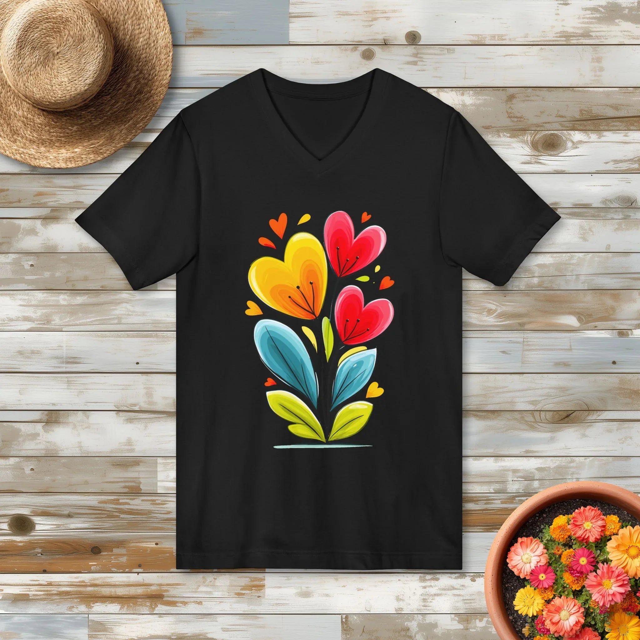 Vibrant Floral Heart Garden V-Neck T-Shirt for Flower Lovers