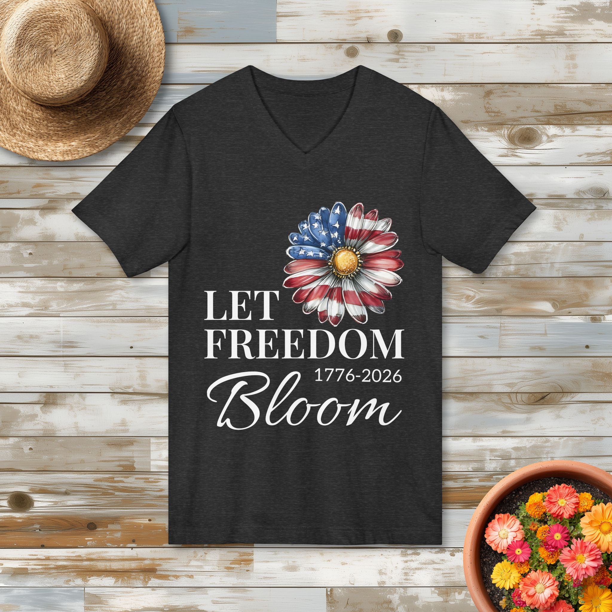 Let Freedom Bloom American Flag Daisy V-Neck T-Shirt