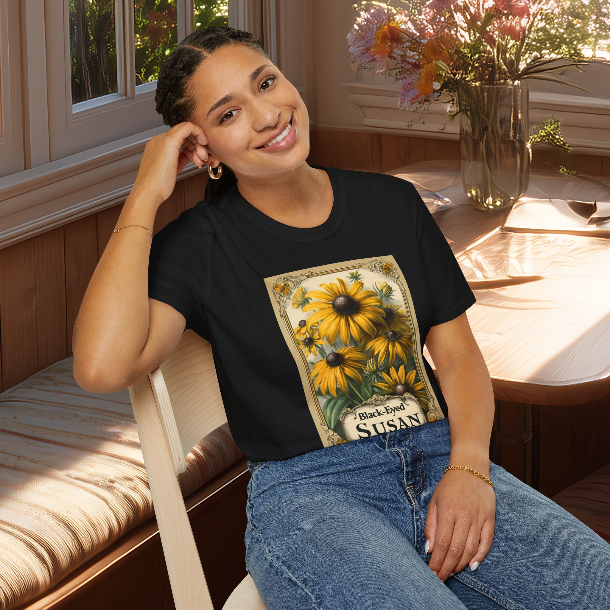 Vintage Black Eyed Susan Seed Packet Unisex T-Shirt for Gardeners, Nature Lovers