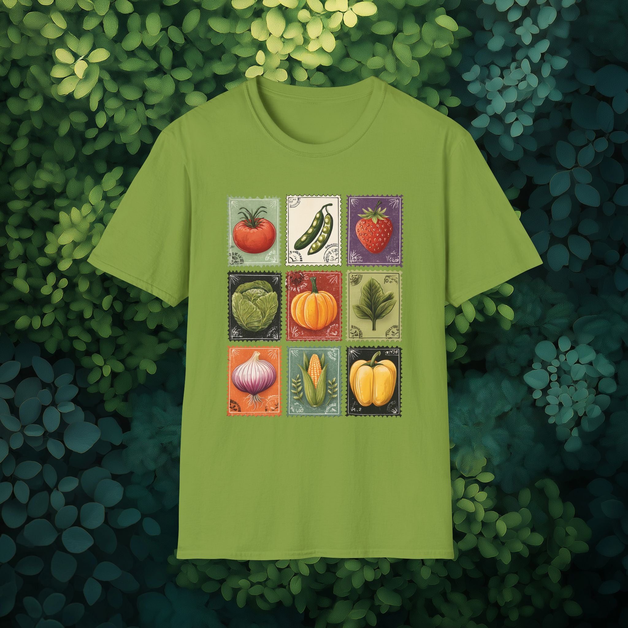 Vintage Garden Vegetable Stamp Collage T-Shirt for Gardeners