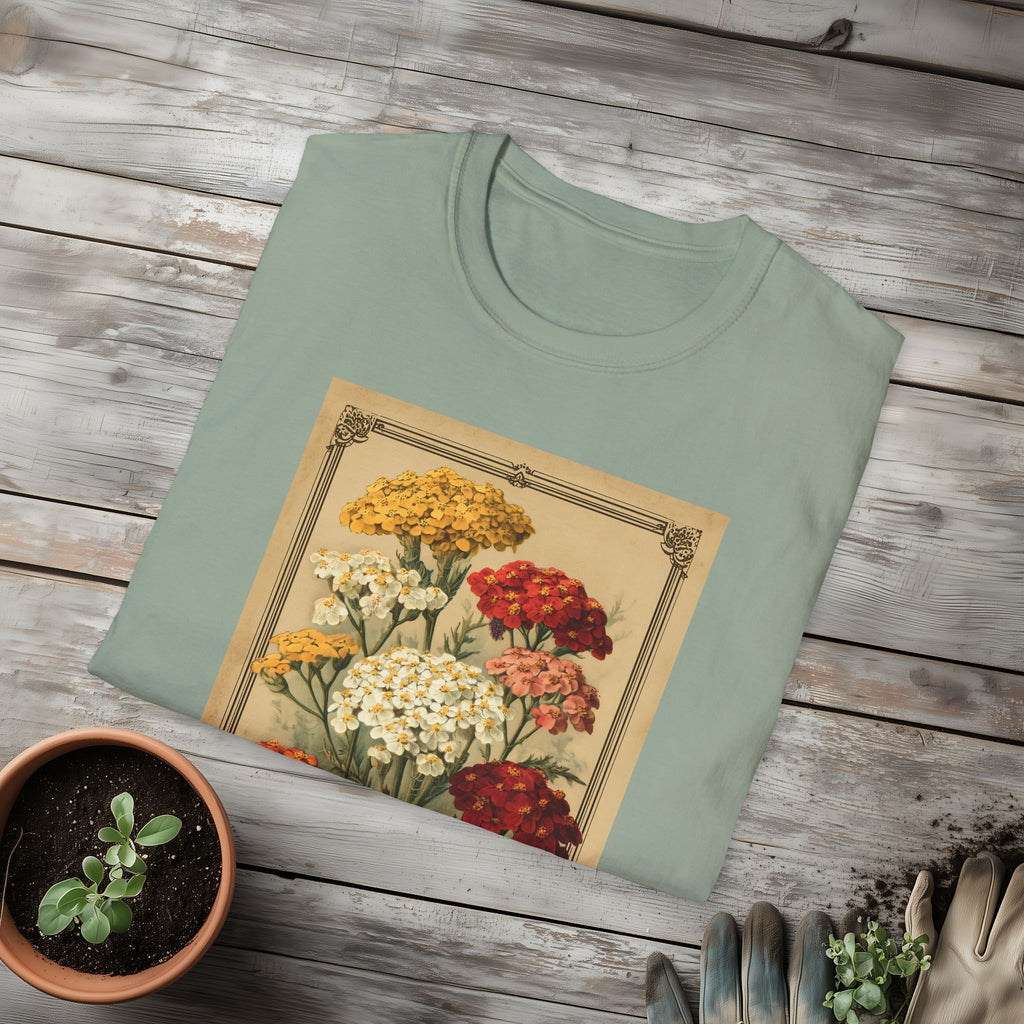 Retro Yarrow Seed Packet Unisex T-Shirt for Gardeners, Nature Lovers, Summer Casual Wear