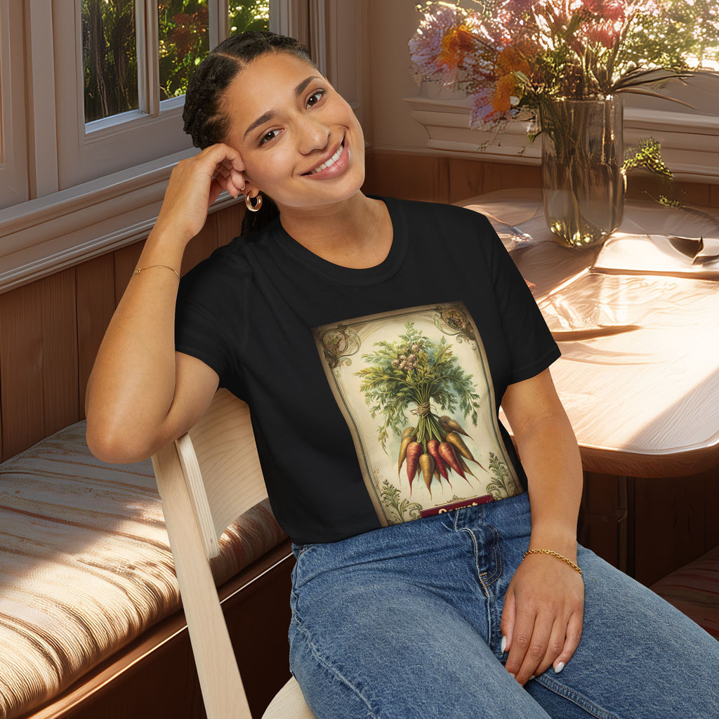 Retro Carrot Vegetable Seed Packet Unisex T-Shirt for Gardeners, Nature Lovers, Summer Casual Wear