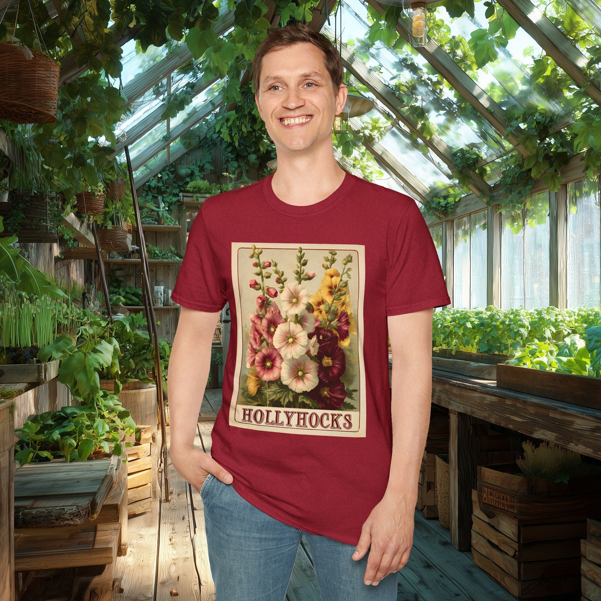 Vintage Hollyhock Seed Packet Unisex T-Shirt for Gardeners, Nature Lovers, Summer Casual Wear