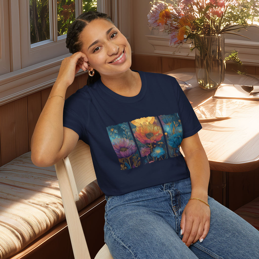 Floral  Brushstroke Triptych Unisex T-Shirt for Gardeners, Nature Lovers, Yoga Enthusiasts