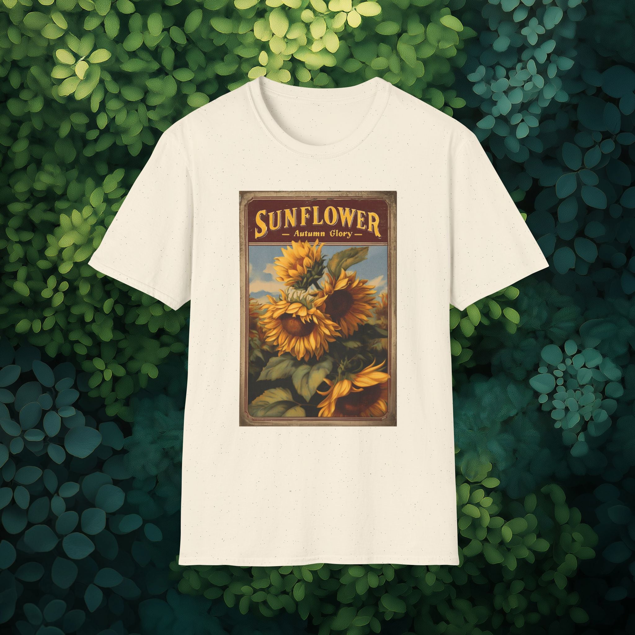 Vintage Sunflower Autumn Glory Seed Packet Unisex Softstyle T-Shirt for Gardeners, Nature Lovers