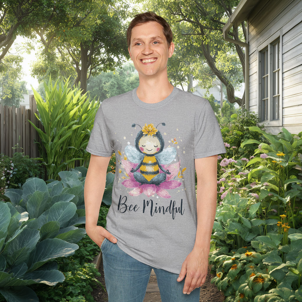 Bee Mindful Meditation Unisex T-Shirt for Gardeners, Nature Lovers, Yoga Enthusiasts