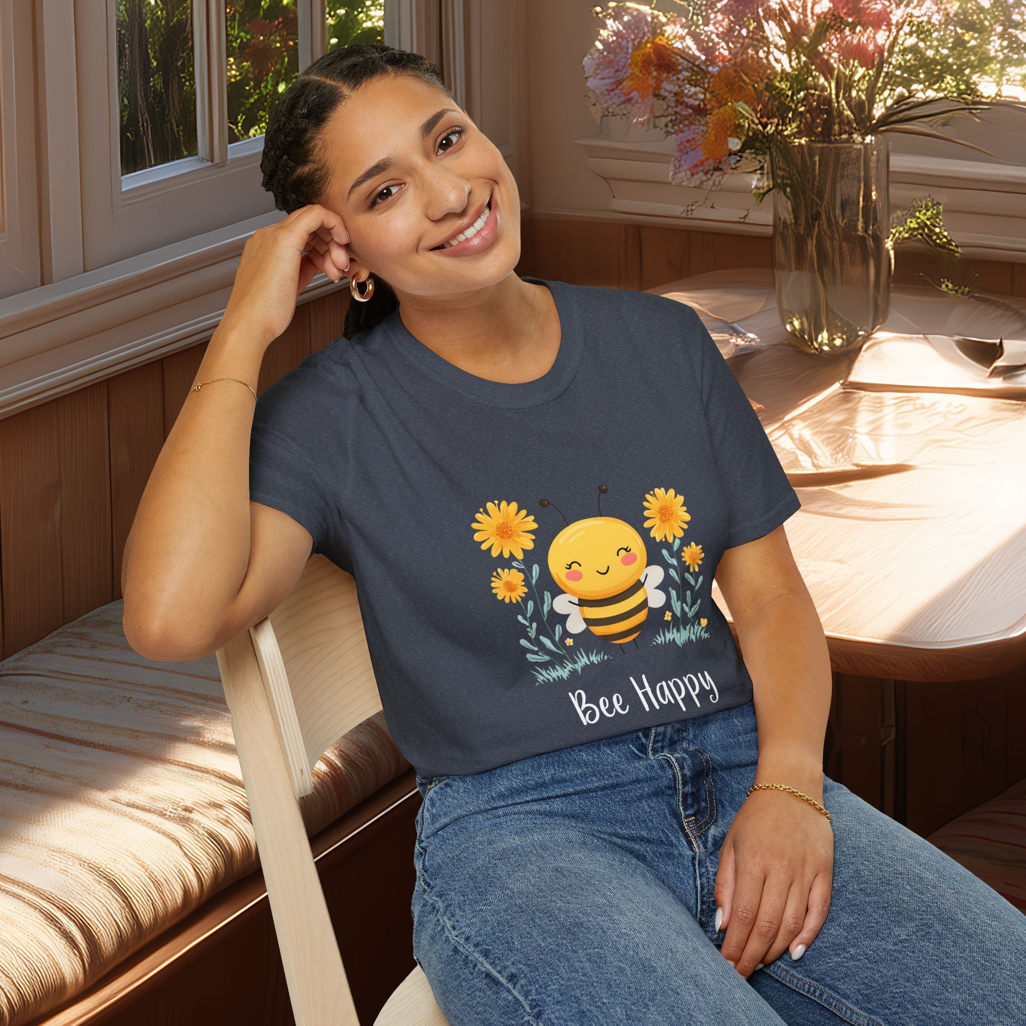 Cartoon Bee Happy Unisex T-Shirt for Gardeners, Nature Lovers, Bee Enthusiasts