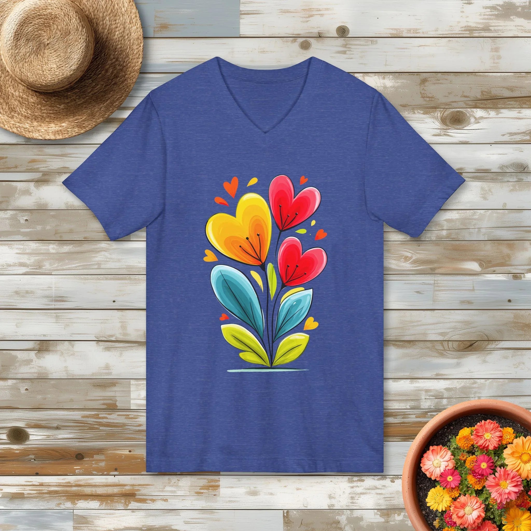 Vibrant Floral Heart Garden V-Neck T-Shirt for Flower Lovers