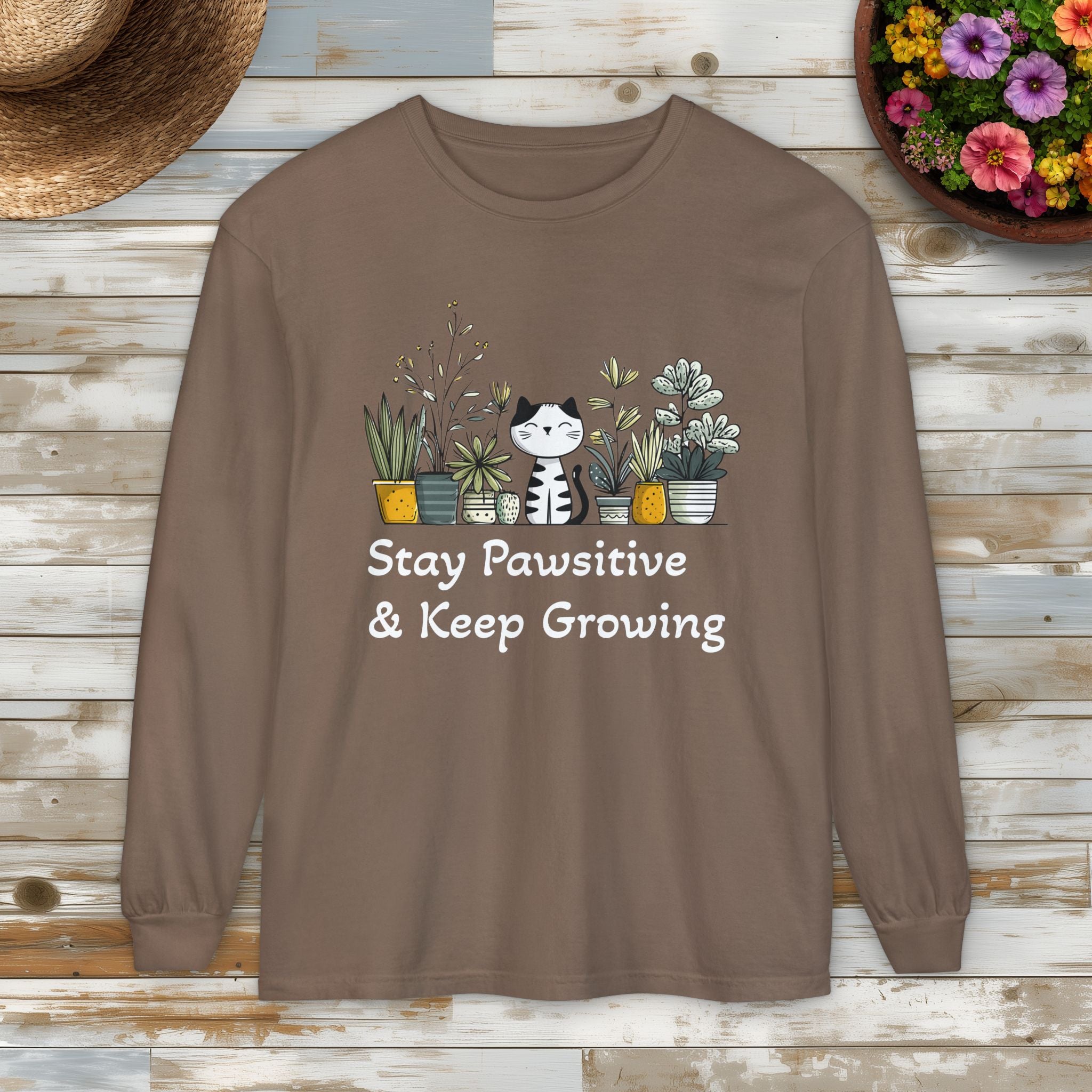 Stay Pawsitive & Keep Growing Cat Lover Long Sleeve T-Shirt