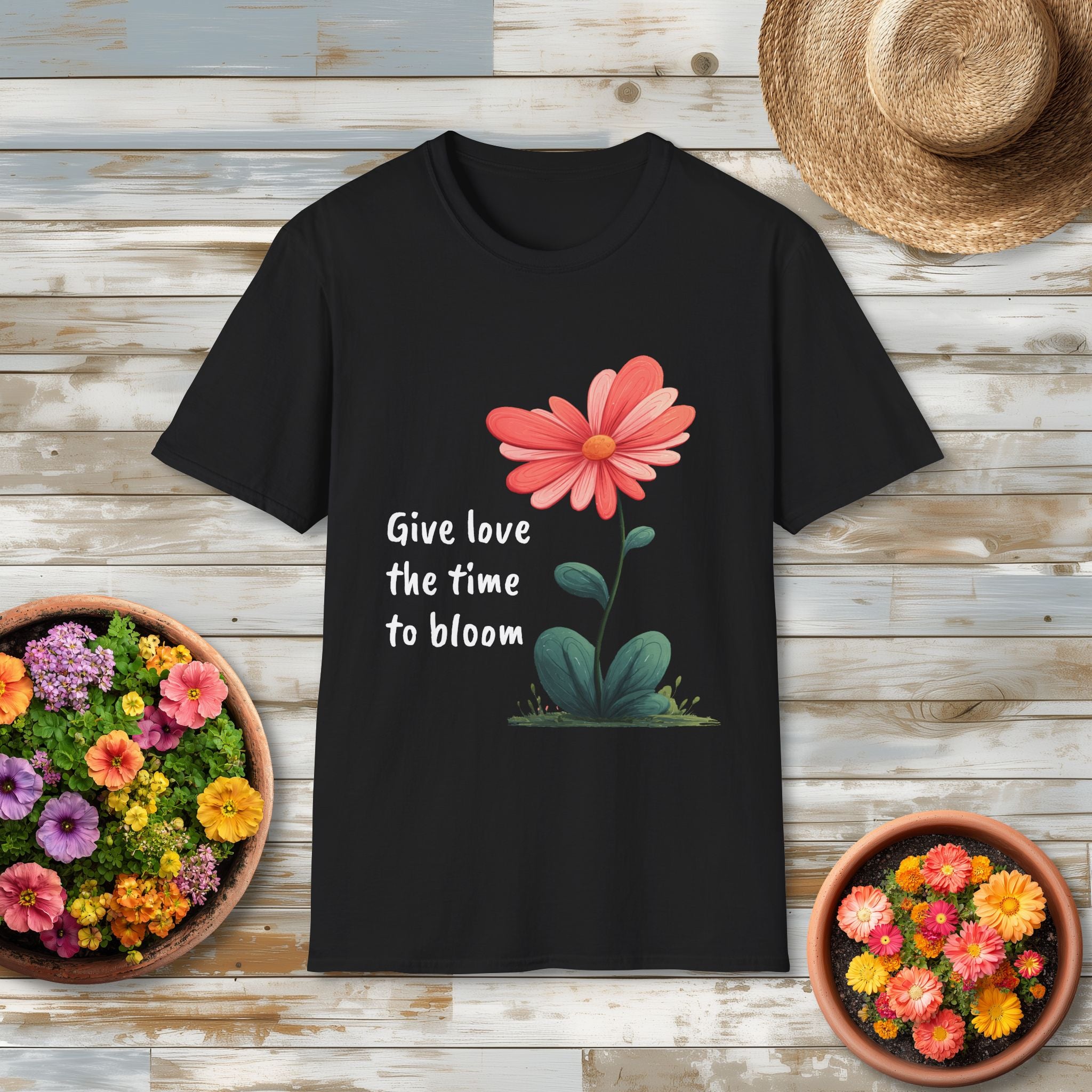 Give Love the Time to Bloom - Retro Cartoon Heart Flower T-Shirt