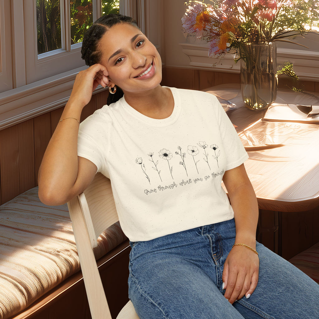 Grow Through What You Go Through Motivational Wildflower Line Art T-Shirt