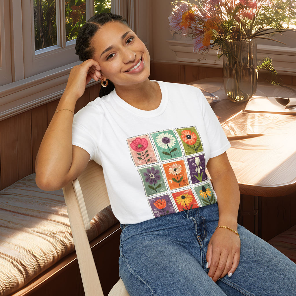 Whimsical Flower Stamp Collage T-Shirt for Gardeners